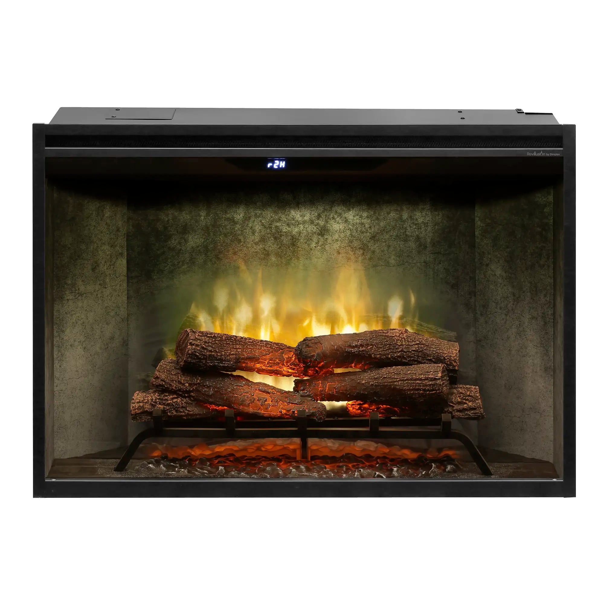 Black built-in electric firebox with front glass showing glowing flames behind logs