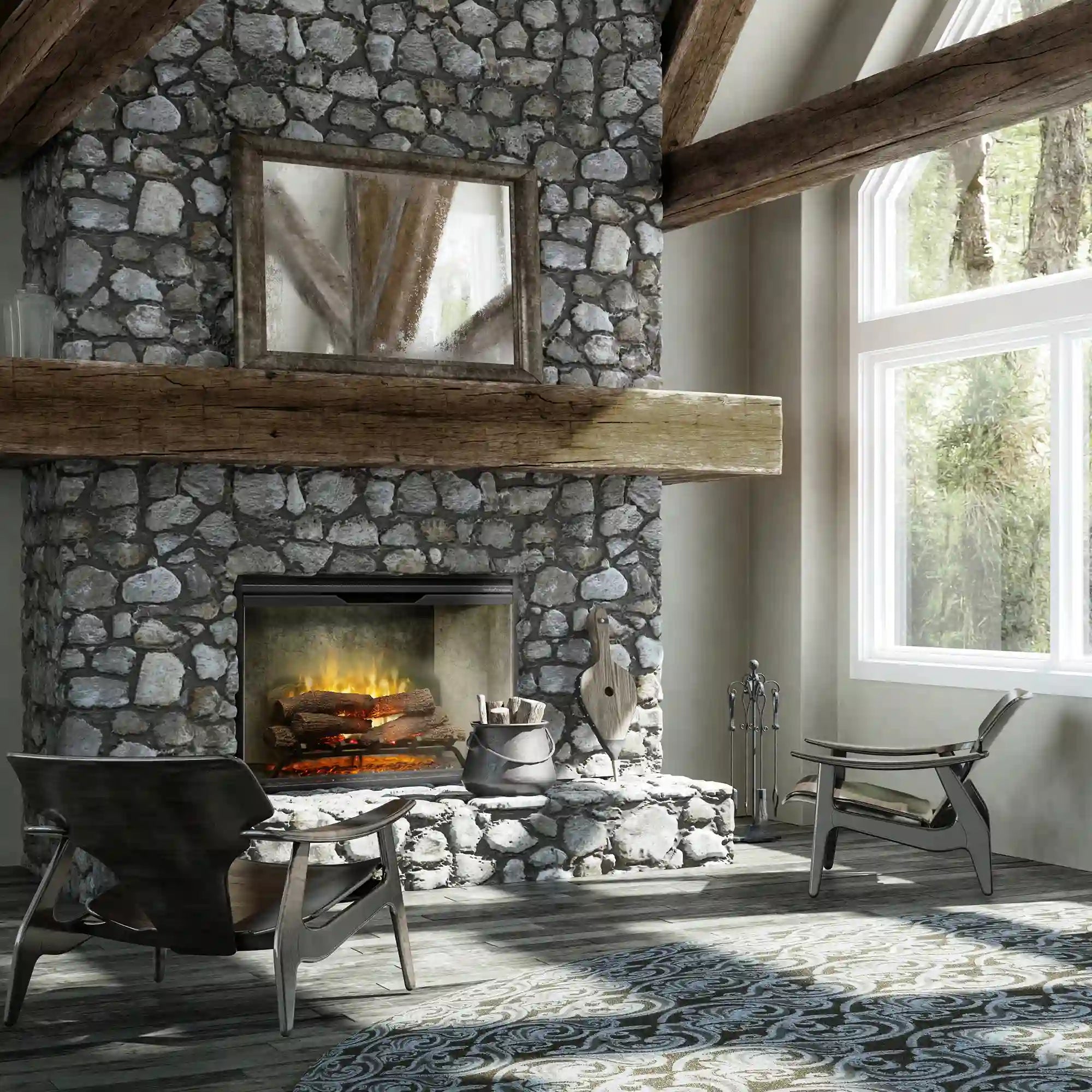 Built-in electric firebox with front glass set in a stone fireplace wall