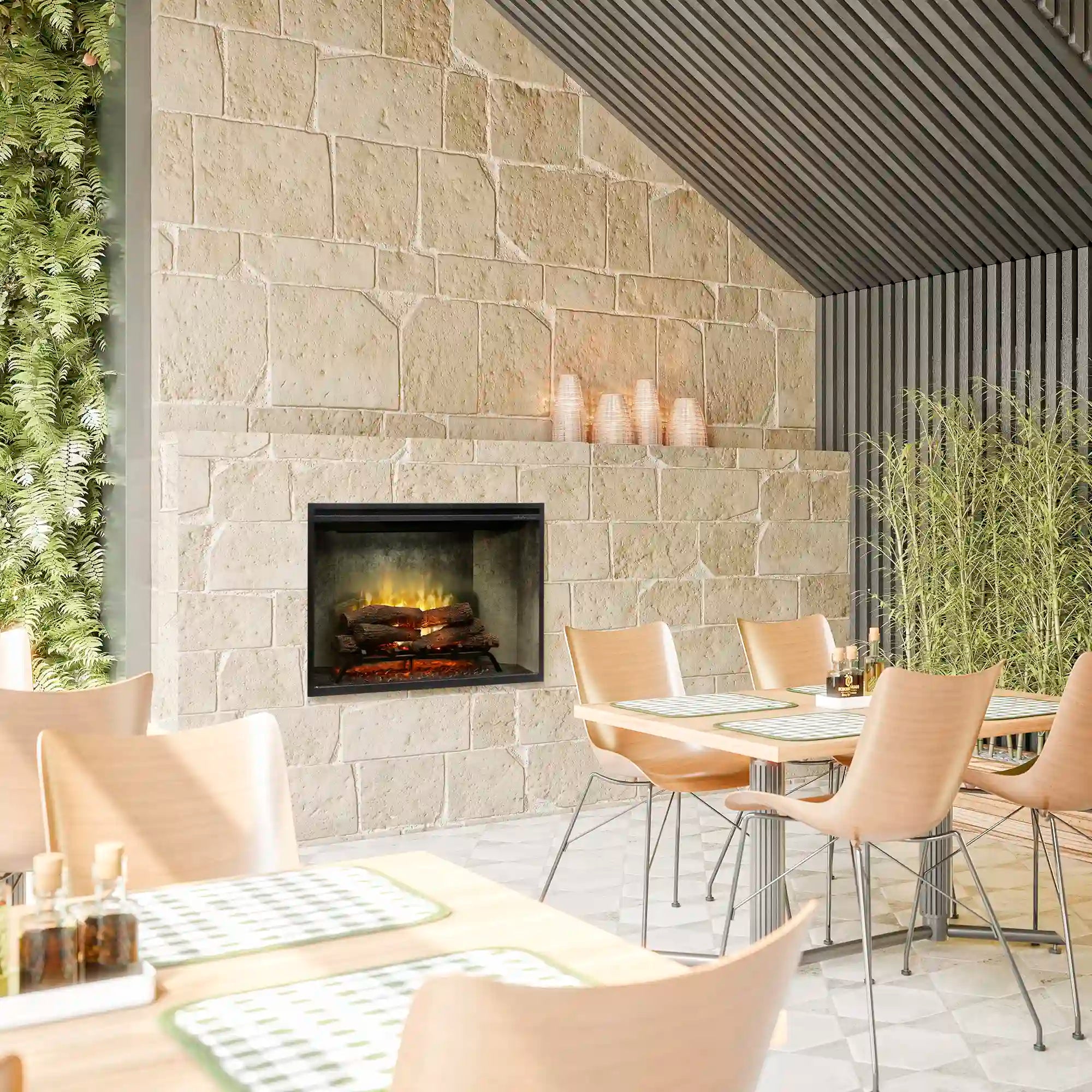 Built-in electric firebox with front glass on a light stone wall for patio dining