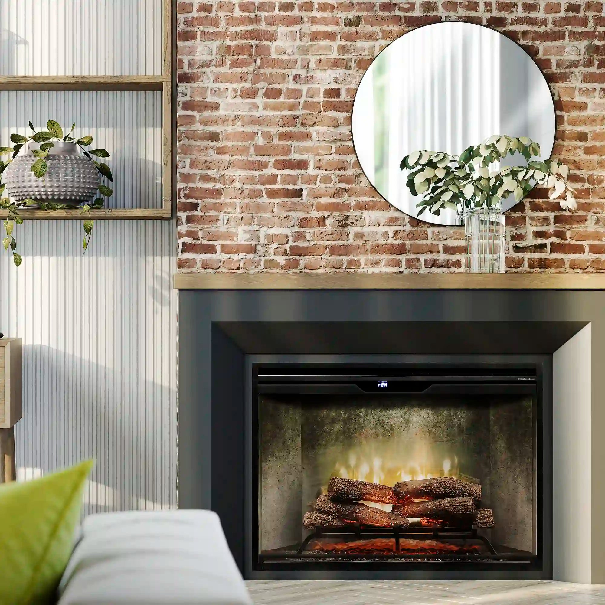 Black built-in electric firebox with front glass installed in a wall niche