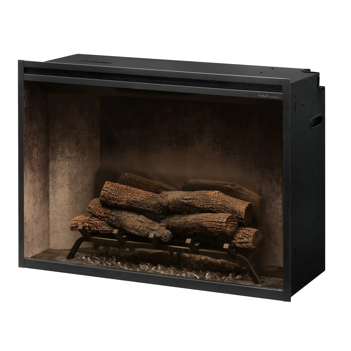 Black electric firebox insert with log set and interior bed, no visible flames