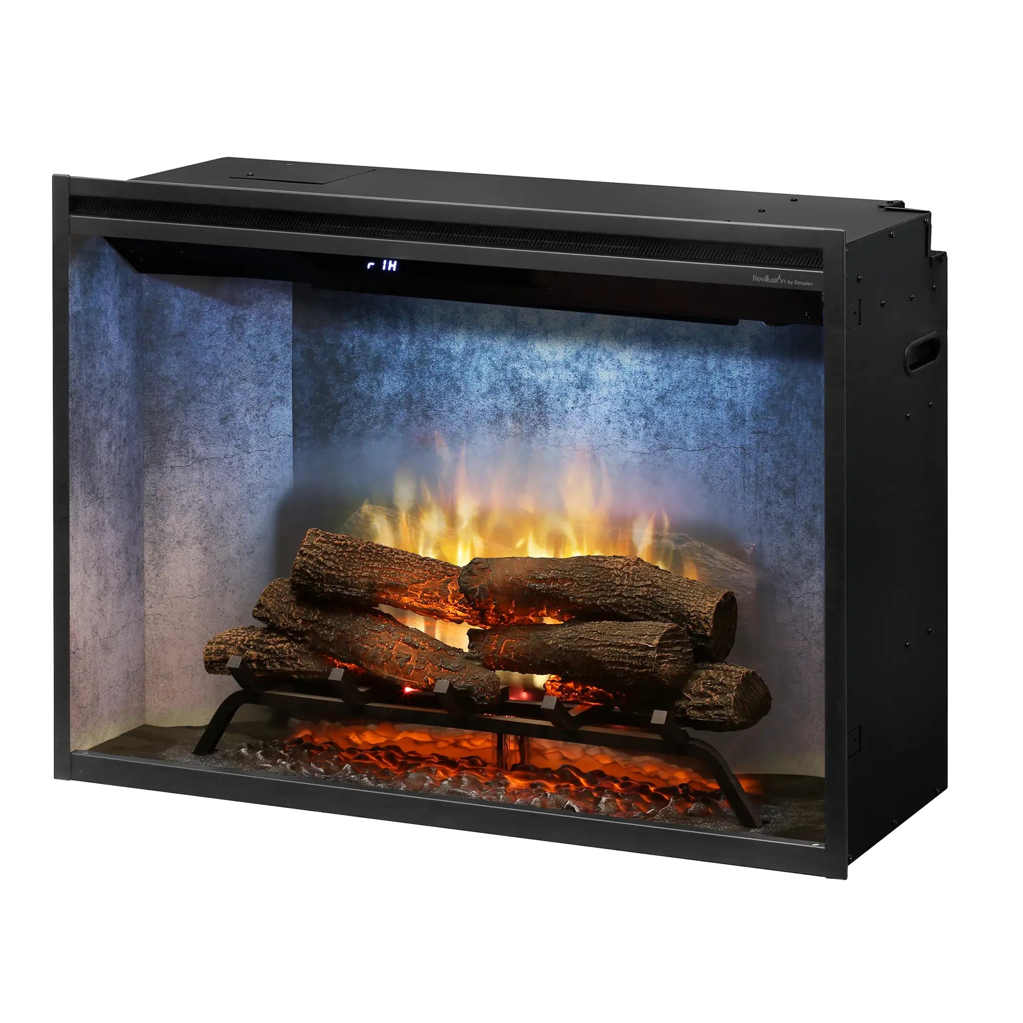 Black electric firebox insert with flames and log set behind the front glass