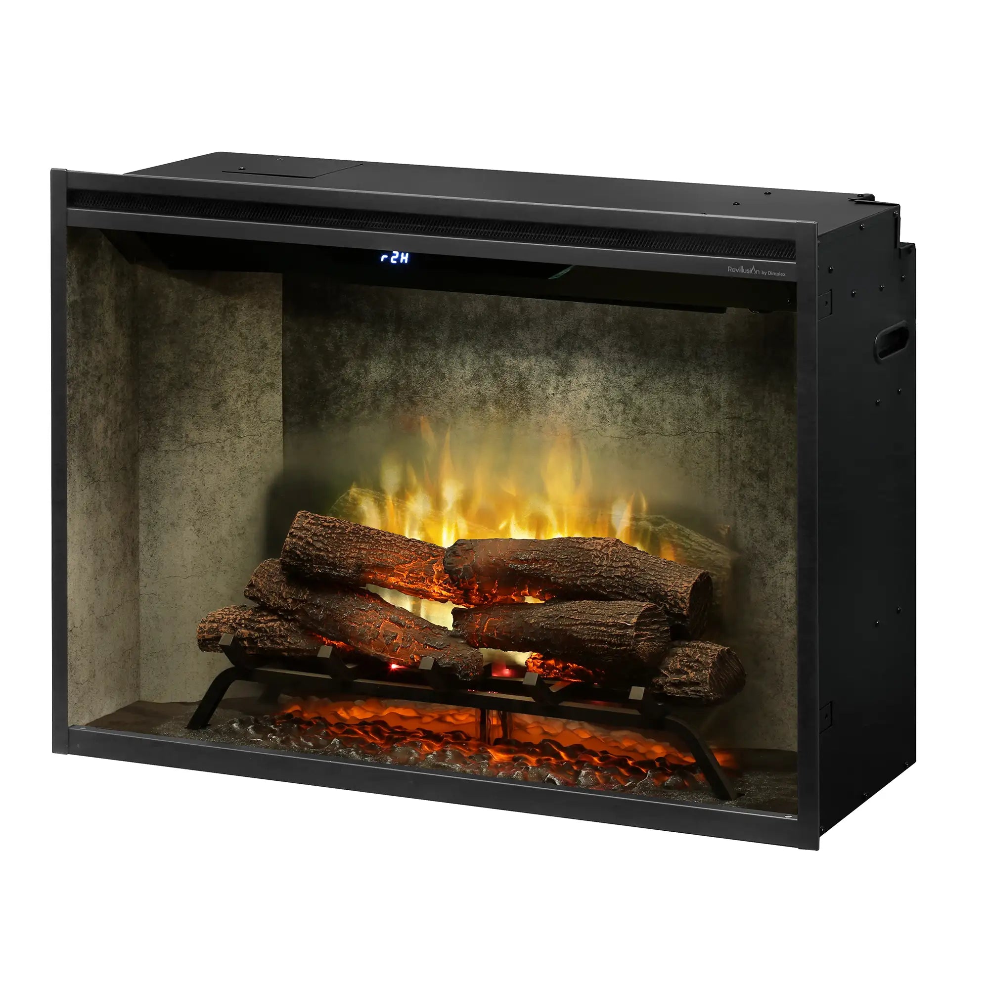 Black electric firebox insert with glowing flames and ember bed beneath logs