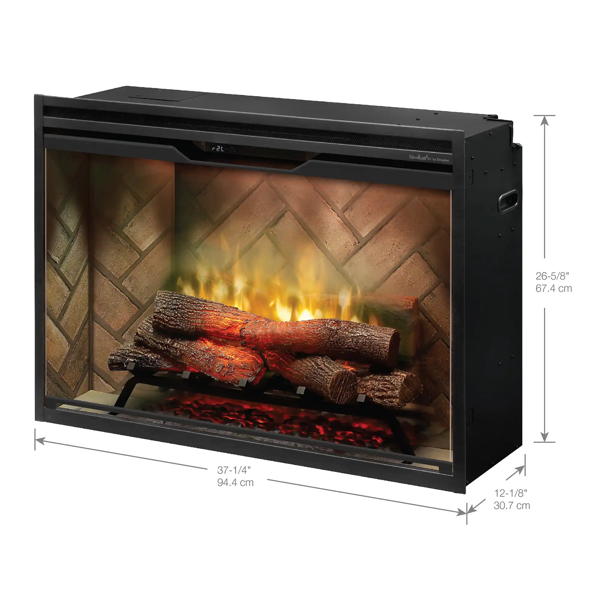 36-inch built-in electric firebox with black frame, glowing flames, and log set behind glass