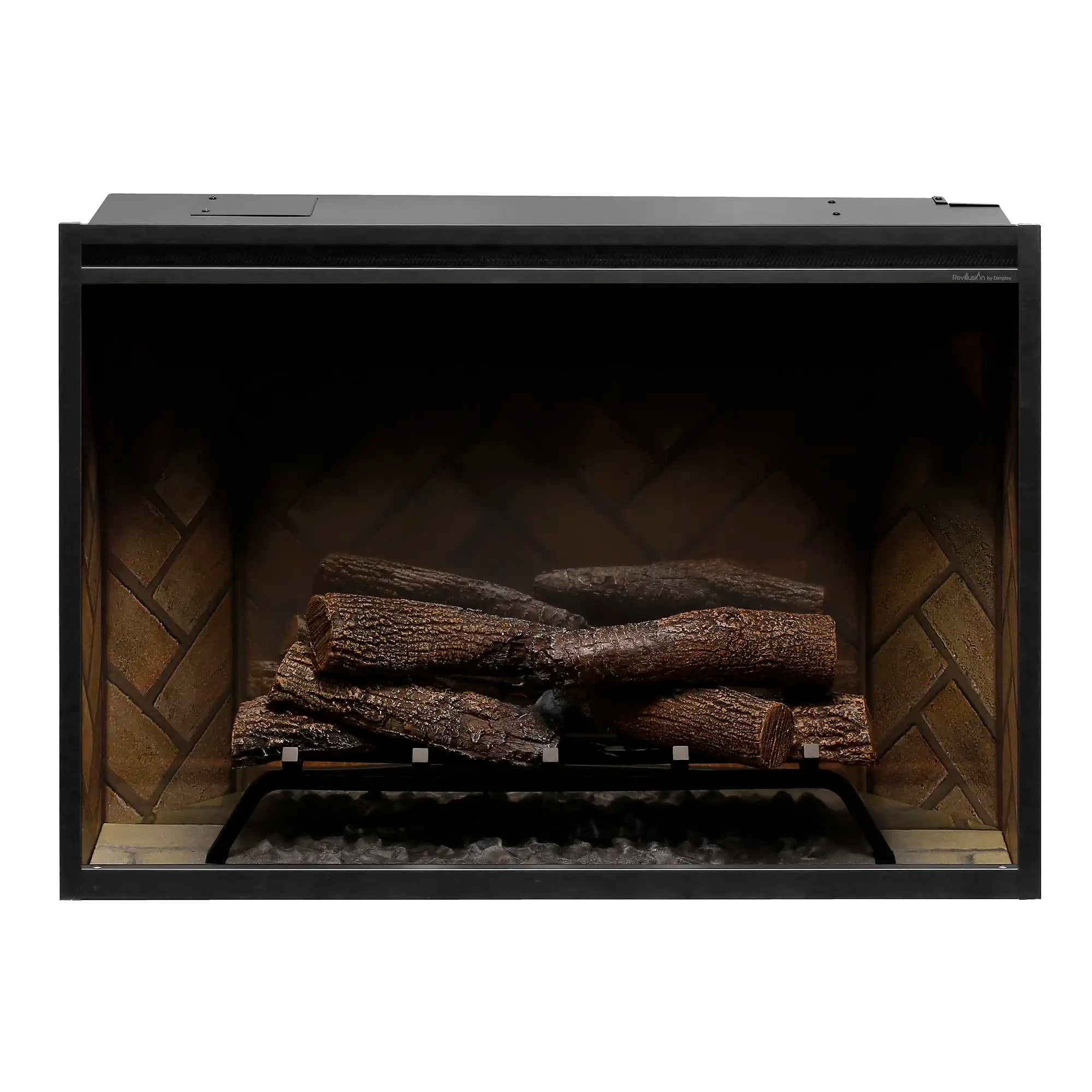 36-inch built-in electric firebox with black frame, unlit logs, and stone-look back panel