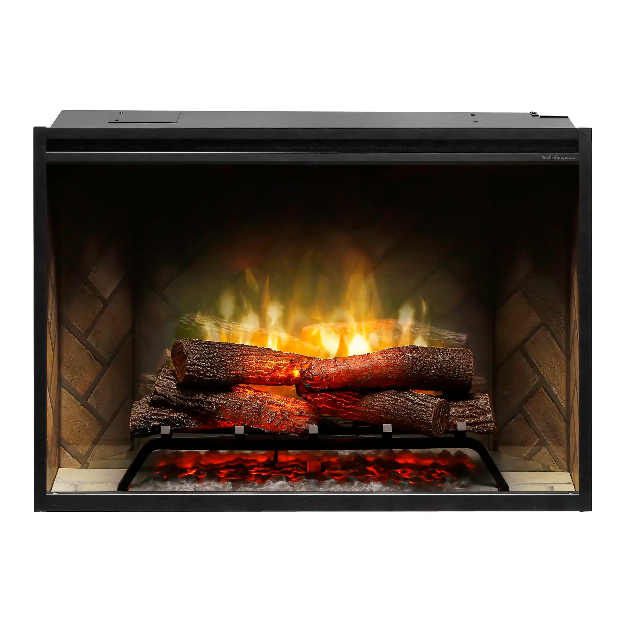 36-inch built-in electric firebox with black frame, vivid flames, and glowing red embers