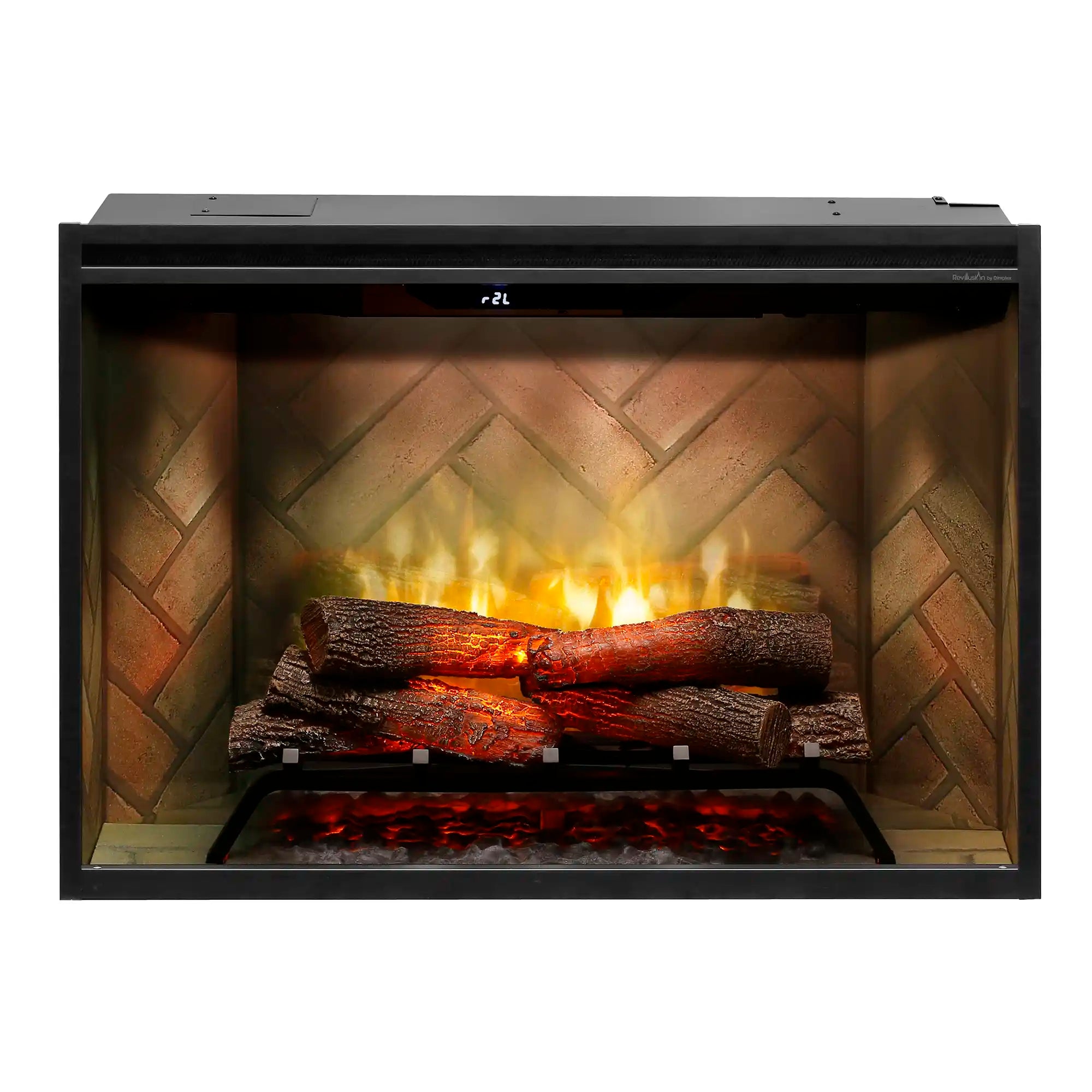 Clear-front electric firebox with glowing logs and ember bed, flame effect, black trim