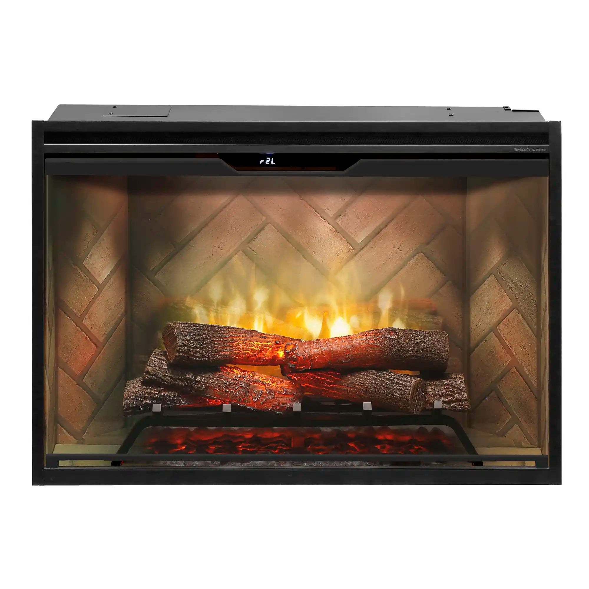 Electric firebox with realistic flames over dark wood logs behind glass, black surround