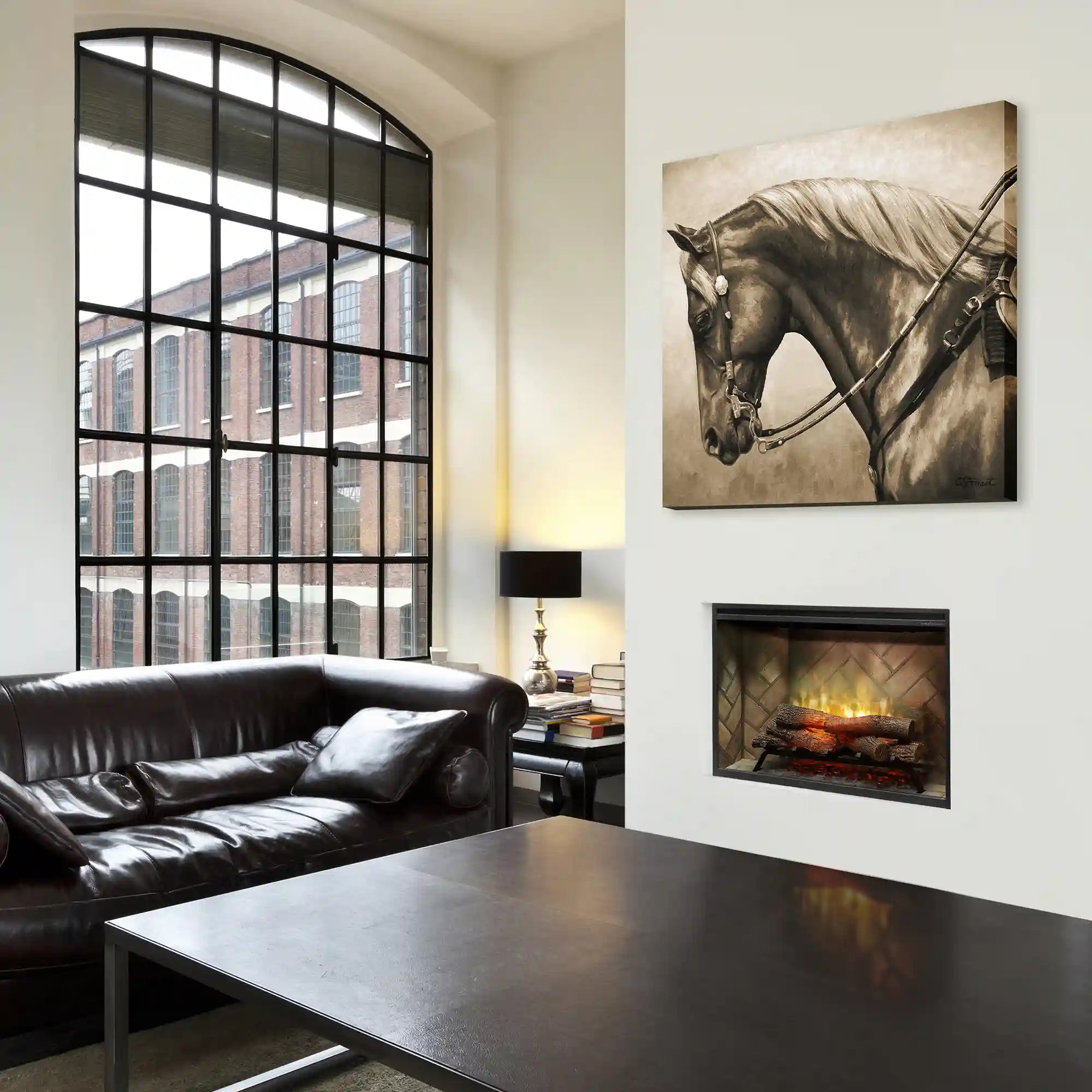 Built-in electric firebox with black frame set into a white wall, flame effect visible