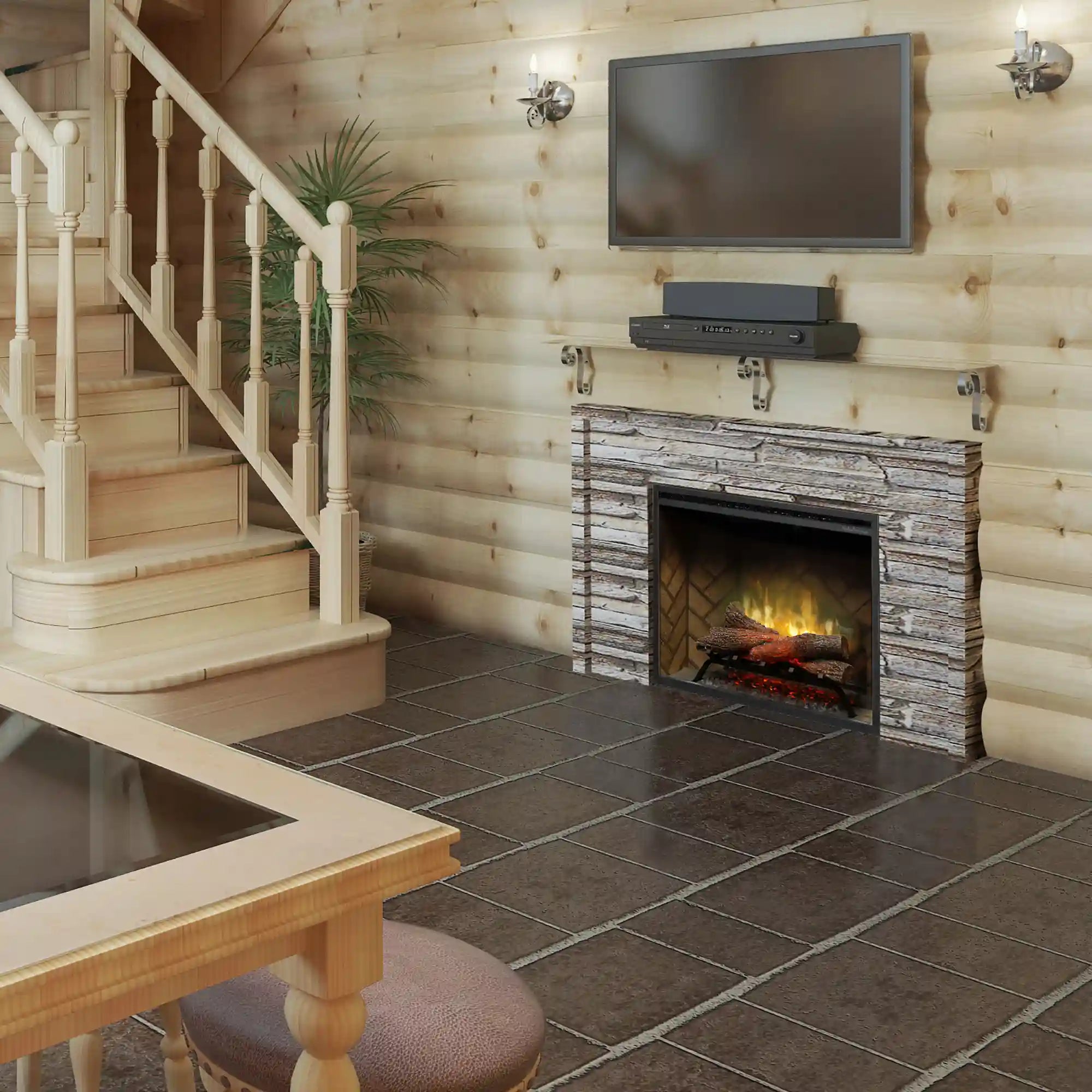 Built-in electric firebox in stone mantel with logs and warm flame glow