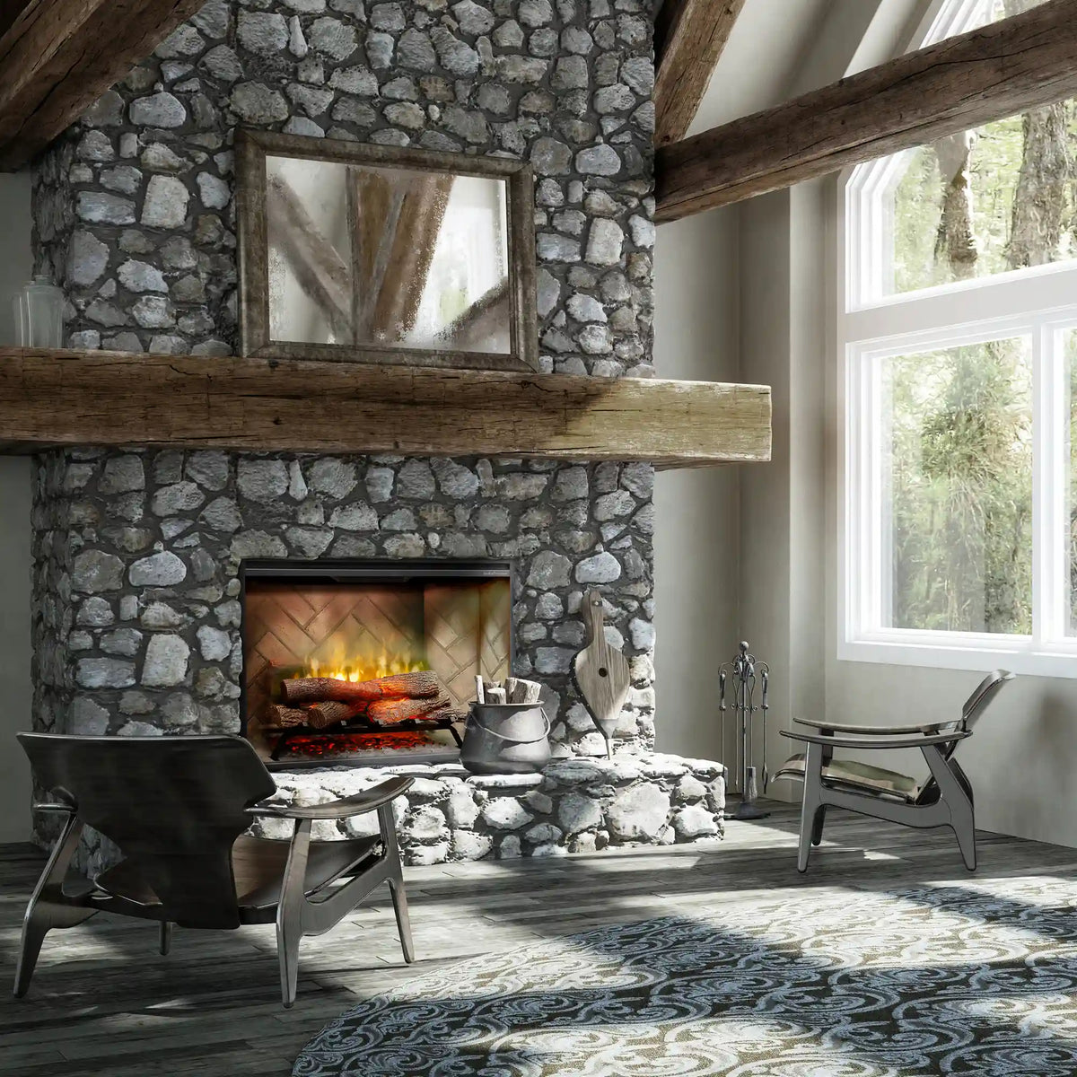 Built-in electric firebox in a stone fireplace opening with glowing flames behind logs