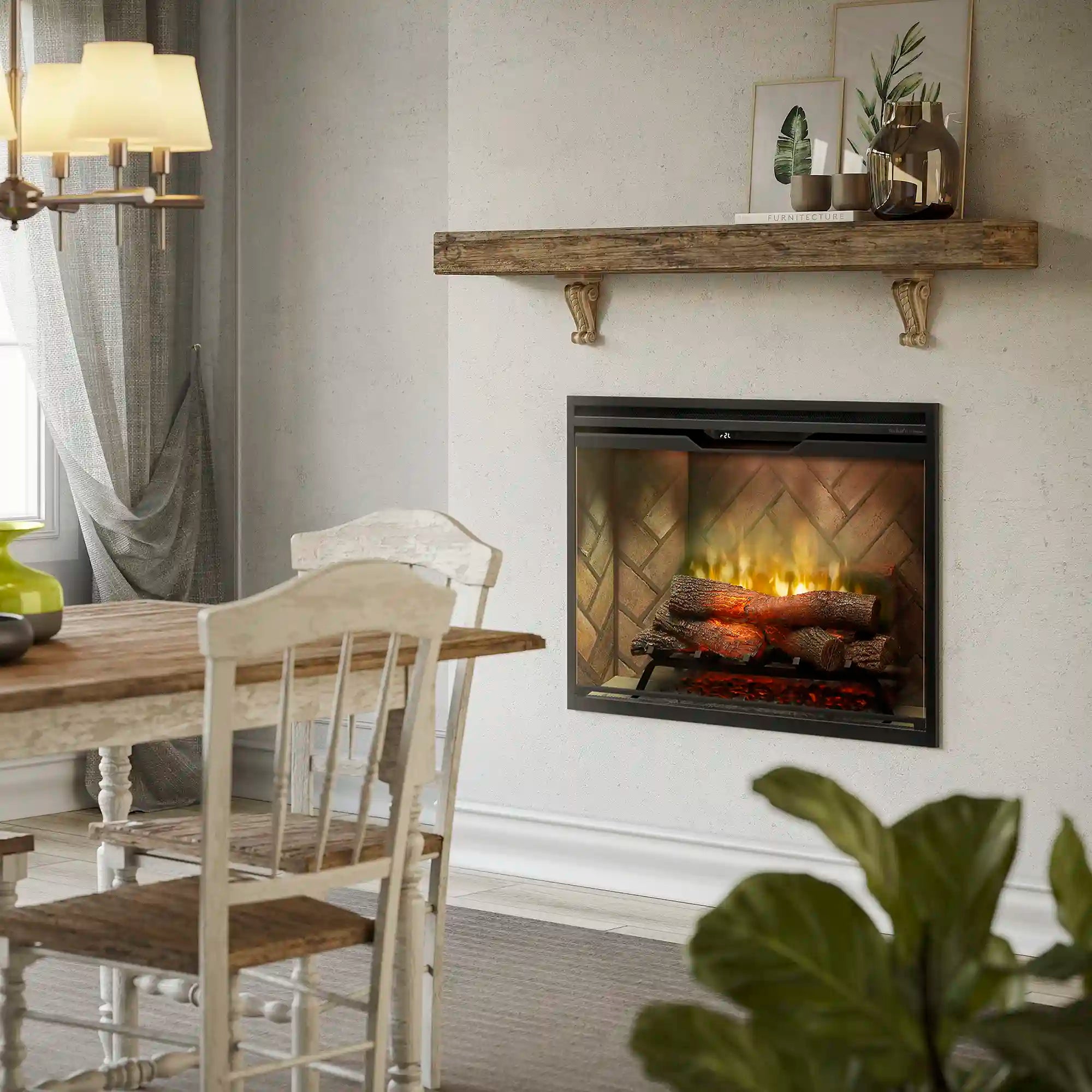 Built-in electric firebox with black frame and flame effect inside a wall niche