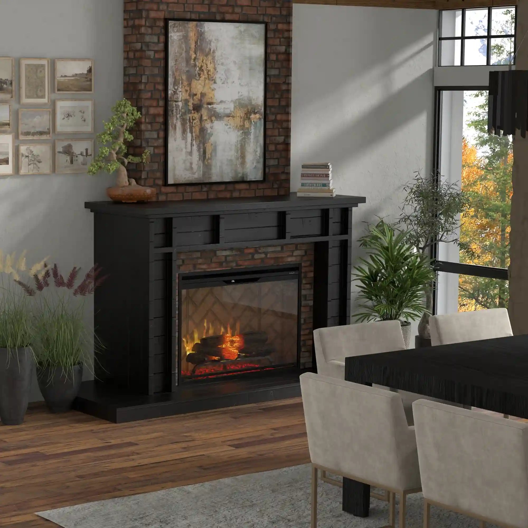 Built-in electric fireplace with black mantel surround and glowing logs, in a living room