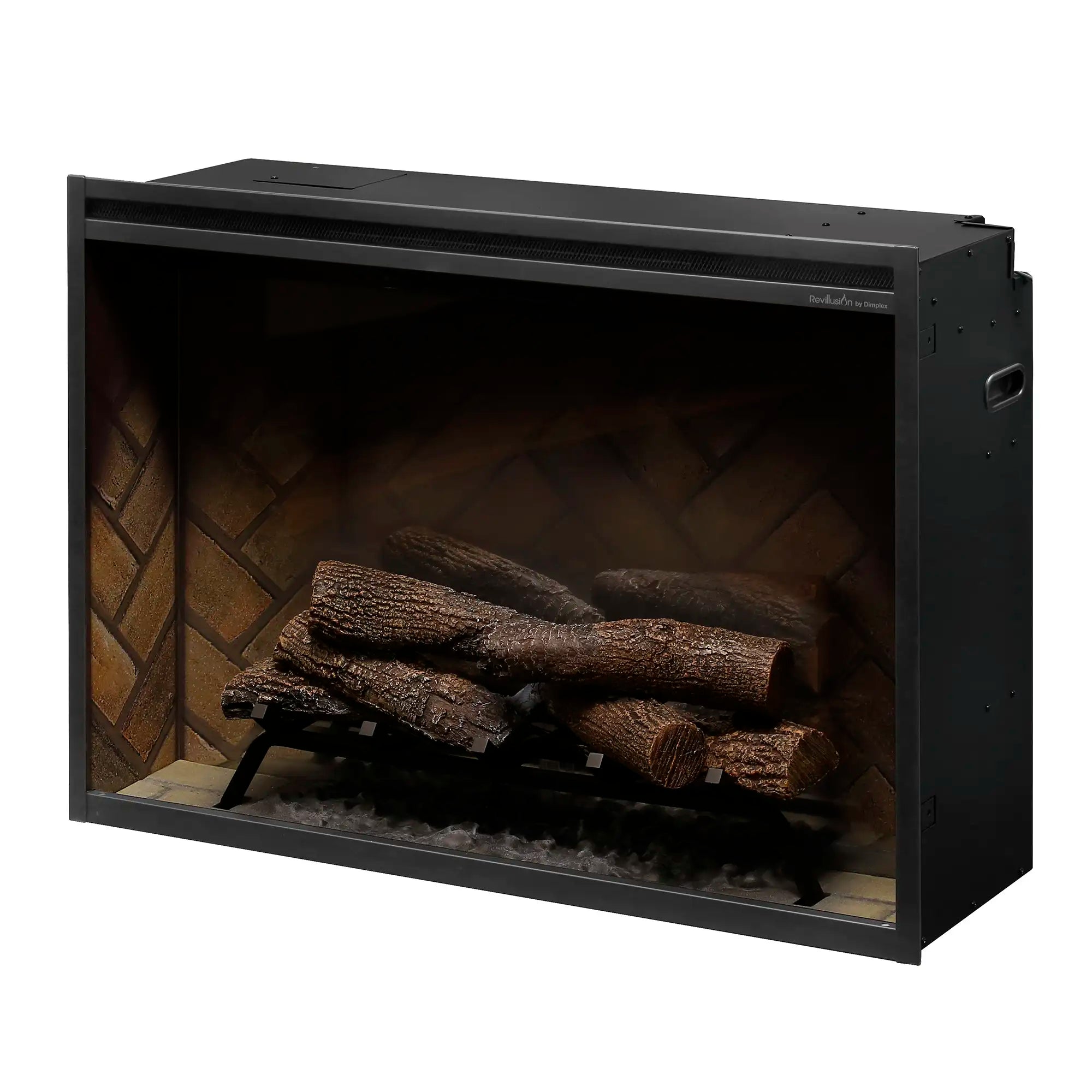 Built-in electric firebox with black glass-front and realistic log bed, no flames