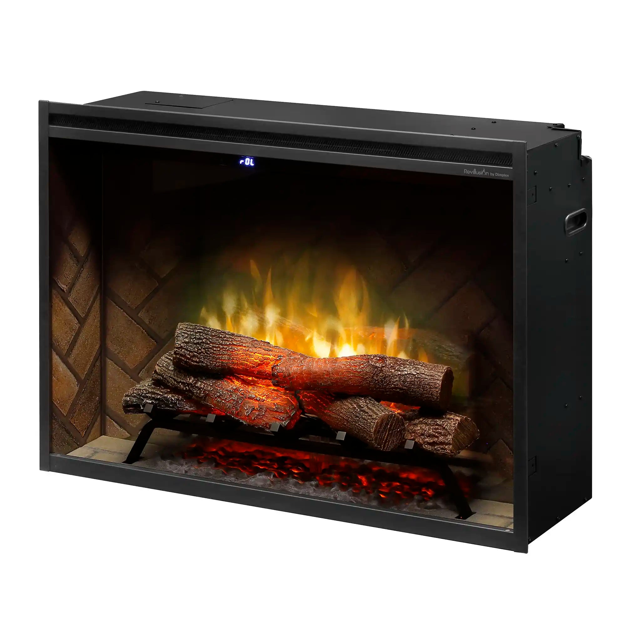 Built-in electric firebox with black glass-front and glowing flame effect over log bed