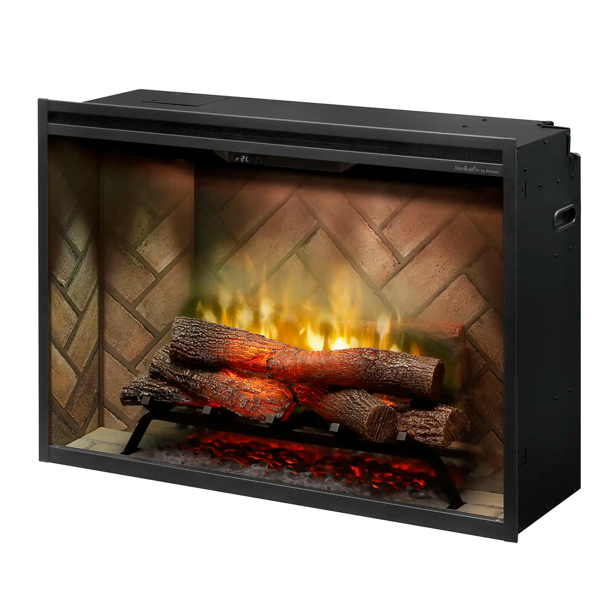 Built-in electric firebox with black frame, bright flame effect, and realistic logs inside