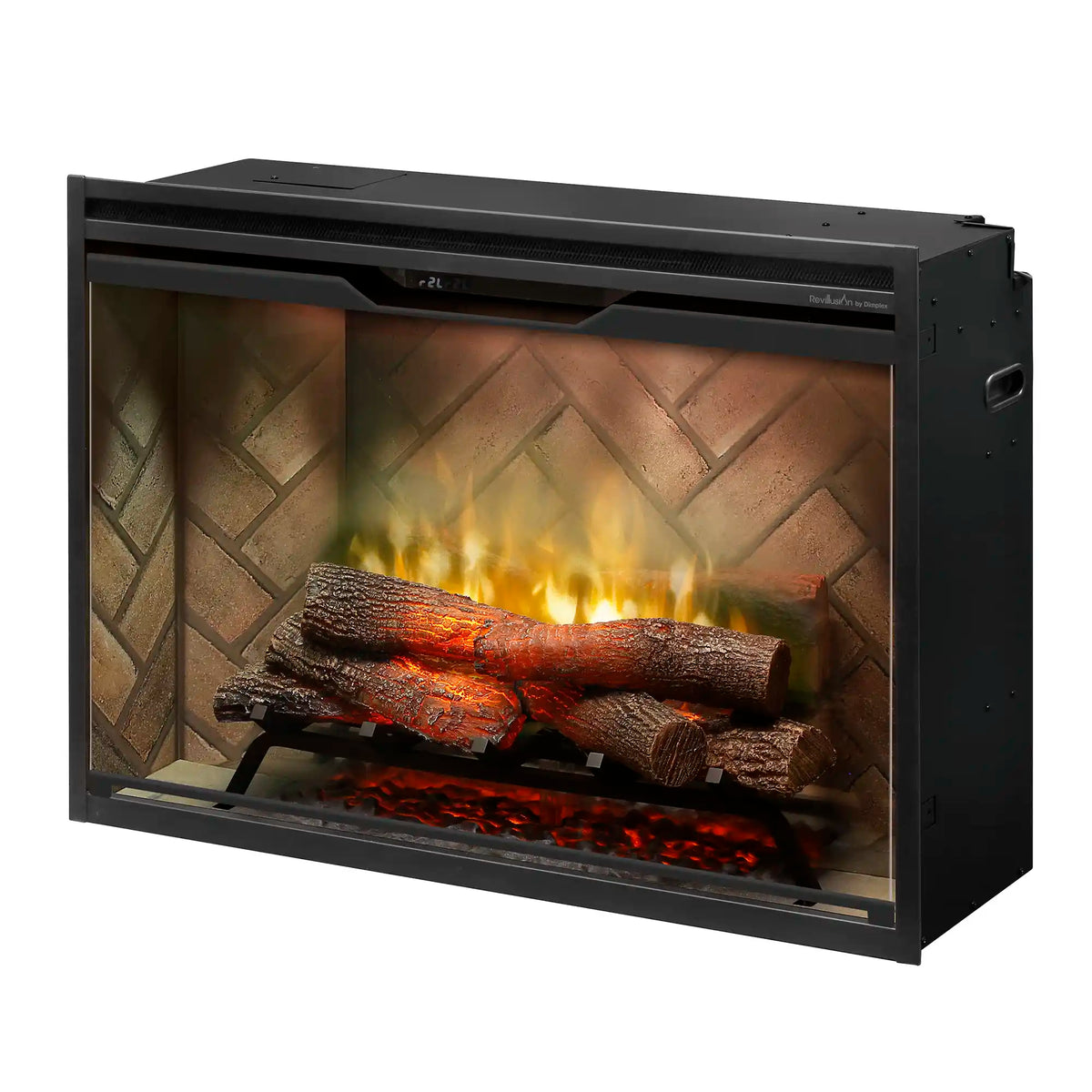 Built-in electric firebox with tempered front glass and red-orange flame effect over logs