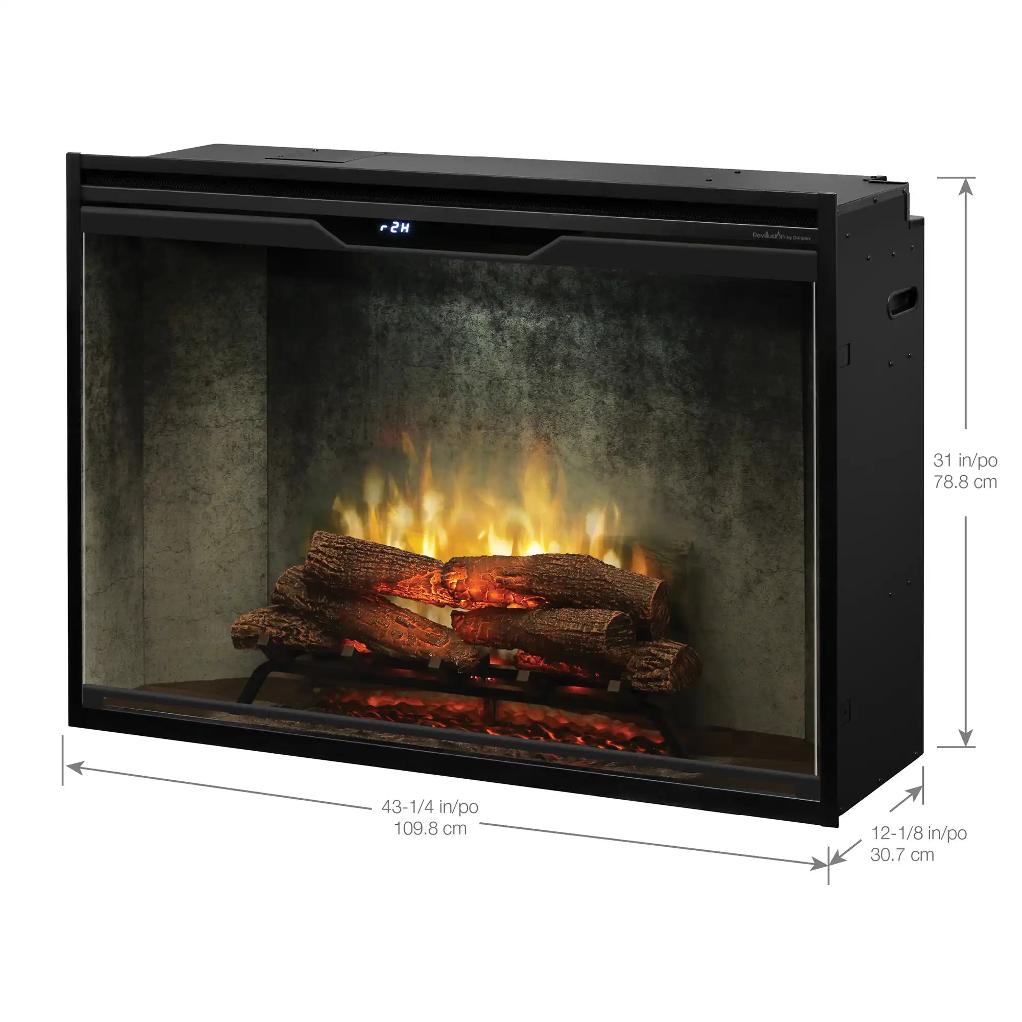 Built-in electric firebox with dark frame and glowing flame effect over stacked logs