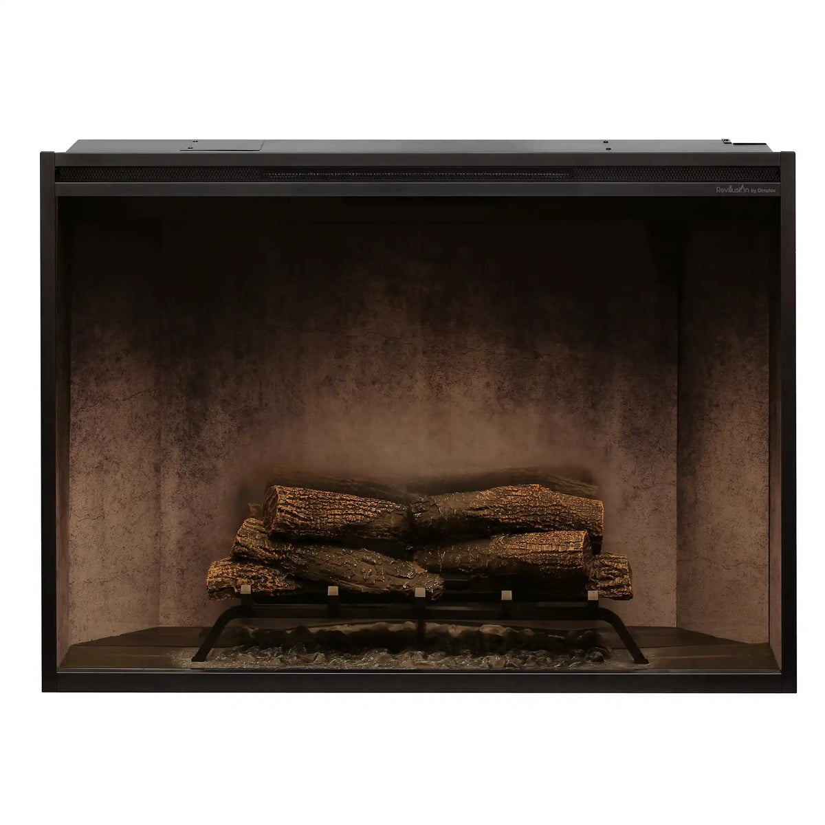 Built-in electric firebox with dark frame and stacked log set on a firebed (flames off)