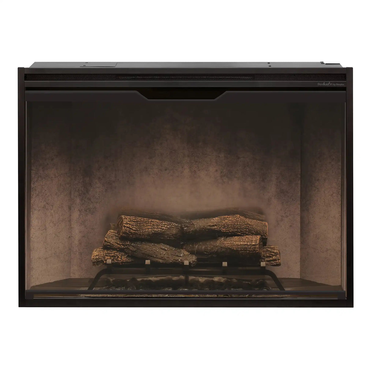 Built-in electric firebox with dark trim and stacked logs inside a concrete-textured interior