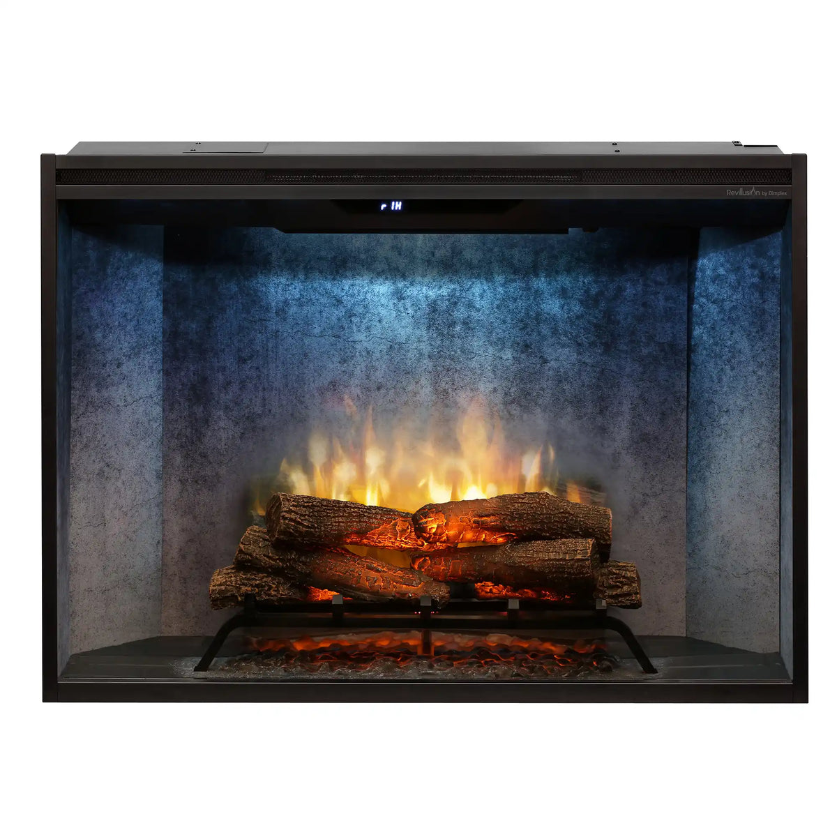 Built-in electric firebox with dark frame, blue display strip, and bright flame effect
