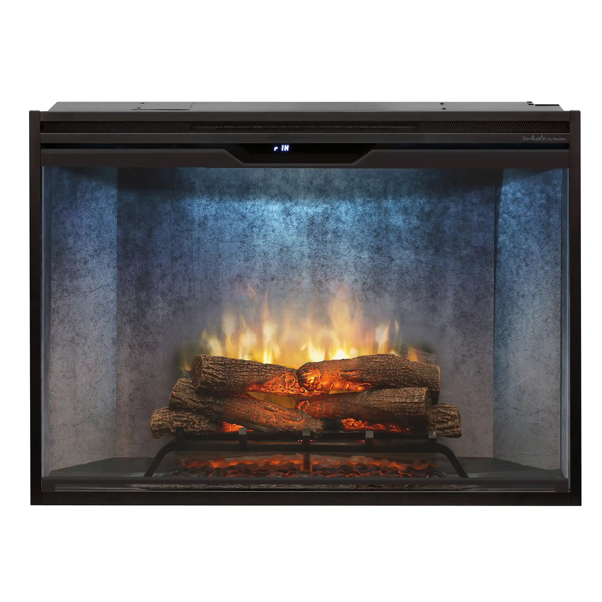 Built-in electric firebox with blue display strip and warm flame effect over log set