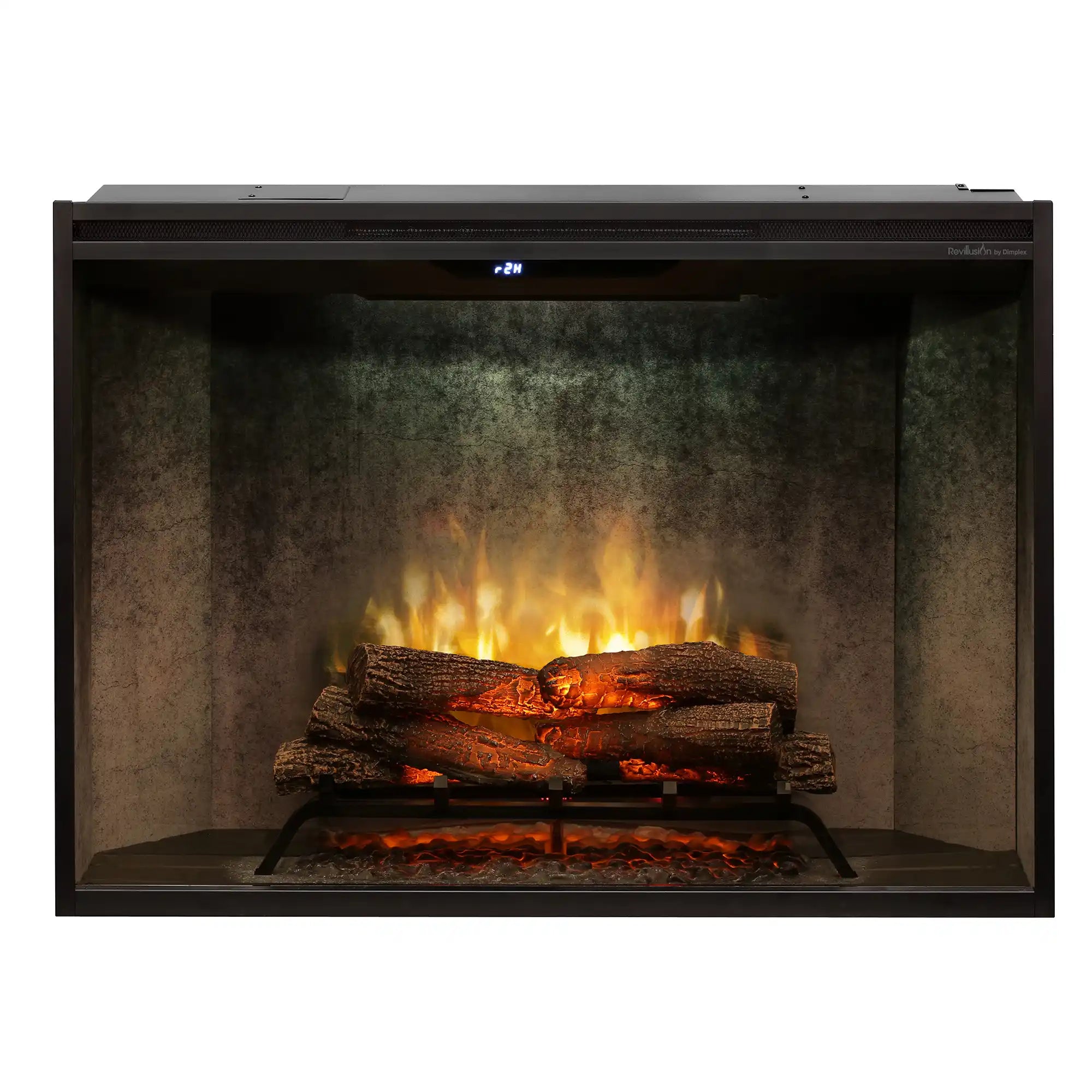 Built-in electric firebox with dark frame and warm flames in a weathered green back