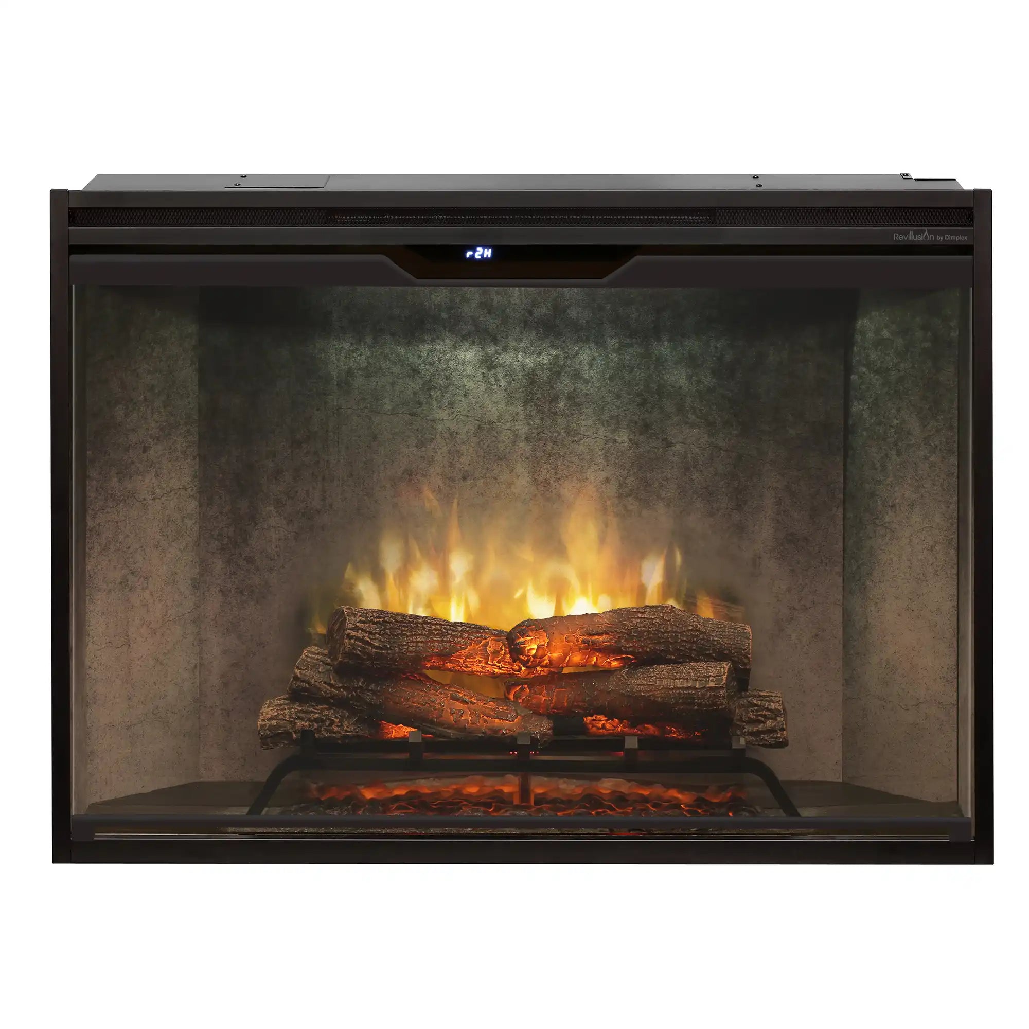 Built-in electric firebox with dark frame and warm flame effect over stacked logs