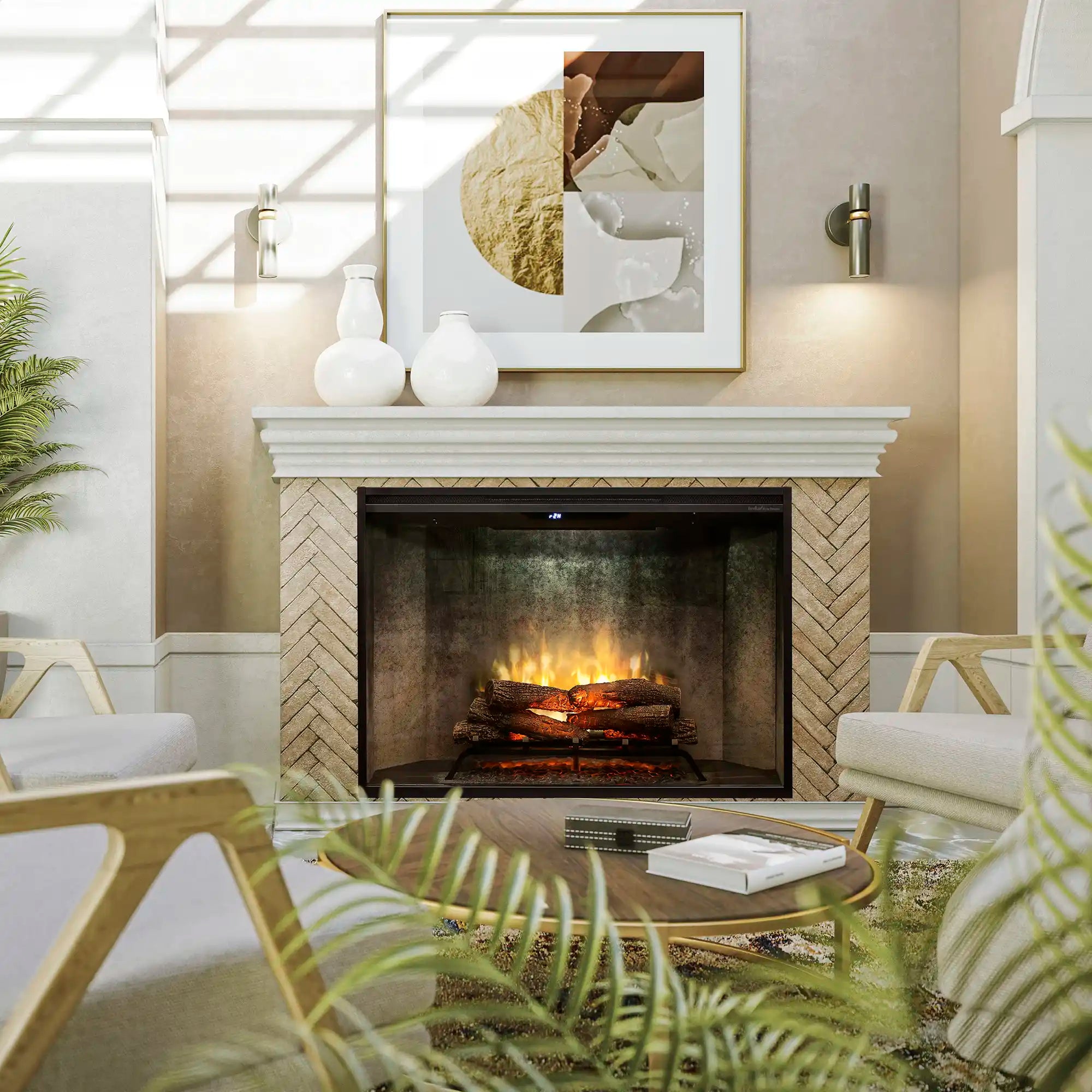 Built-in electric firebox set in a stone mantel opening with glowing flames and log set