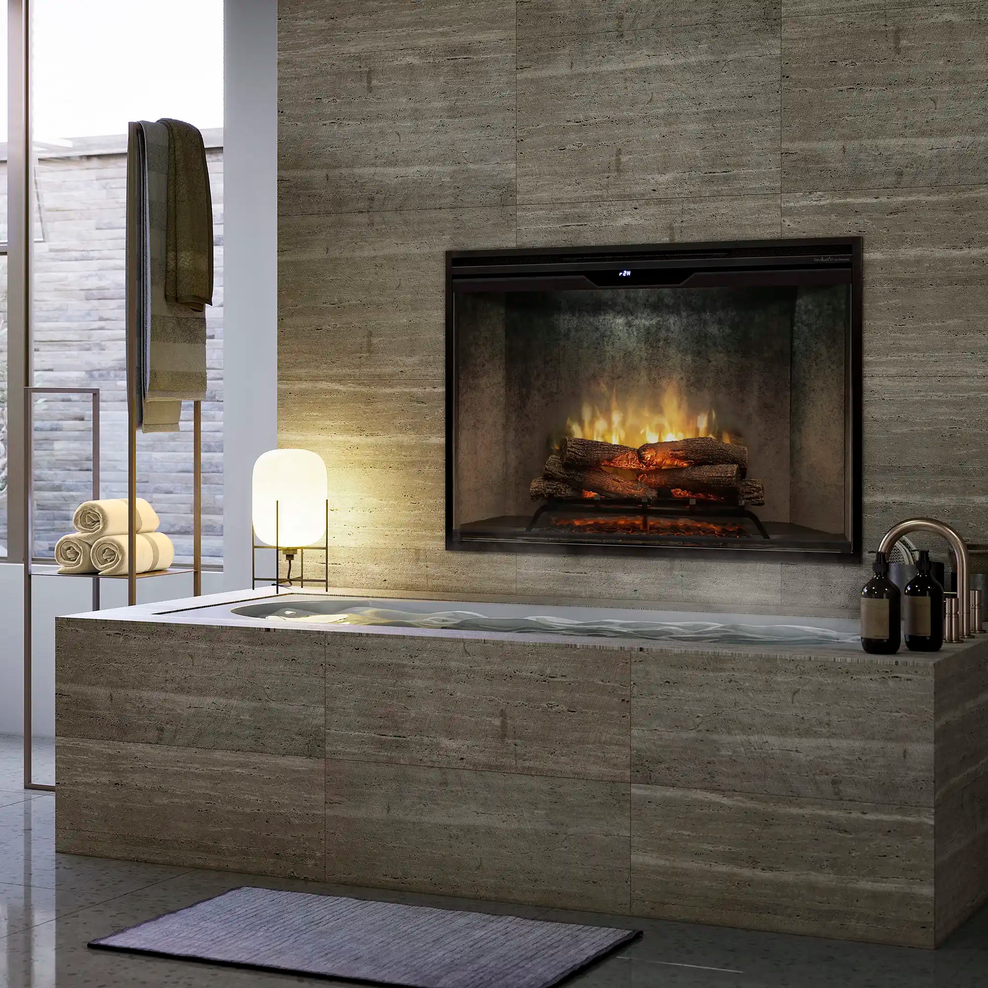 Built-in electric firebox with weathered concrete surround and LED flame logs