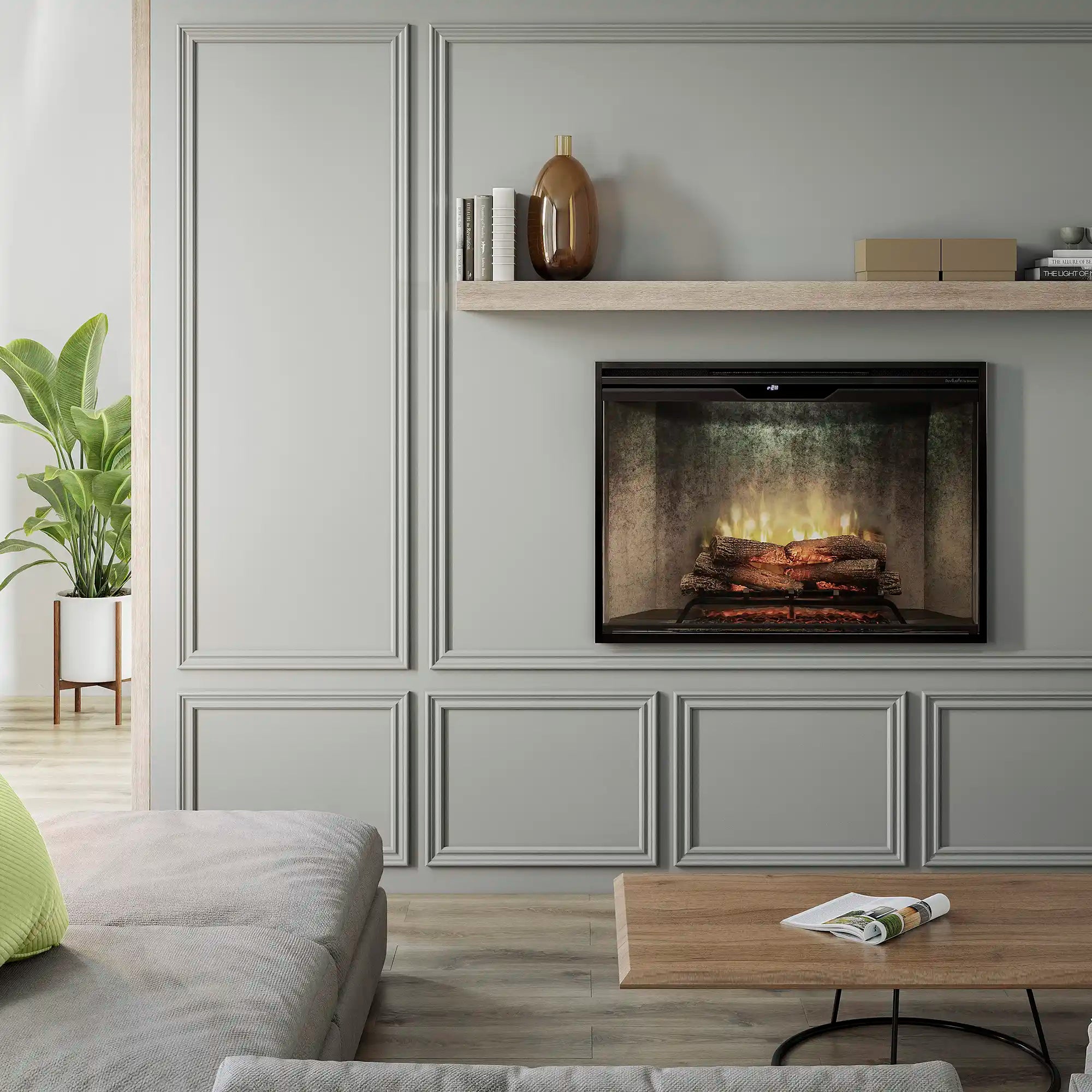 Built-in electric firebox in weathered concrete wall with realistic LED flames and logs