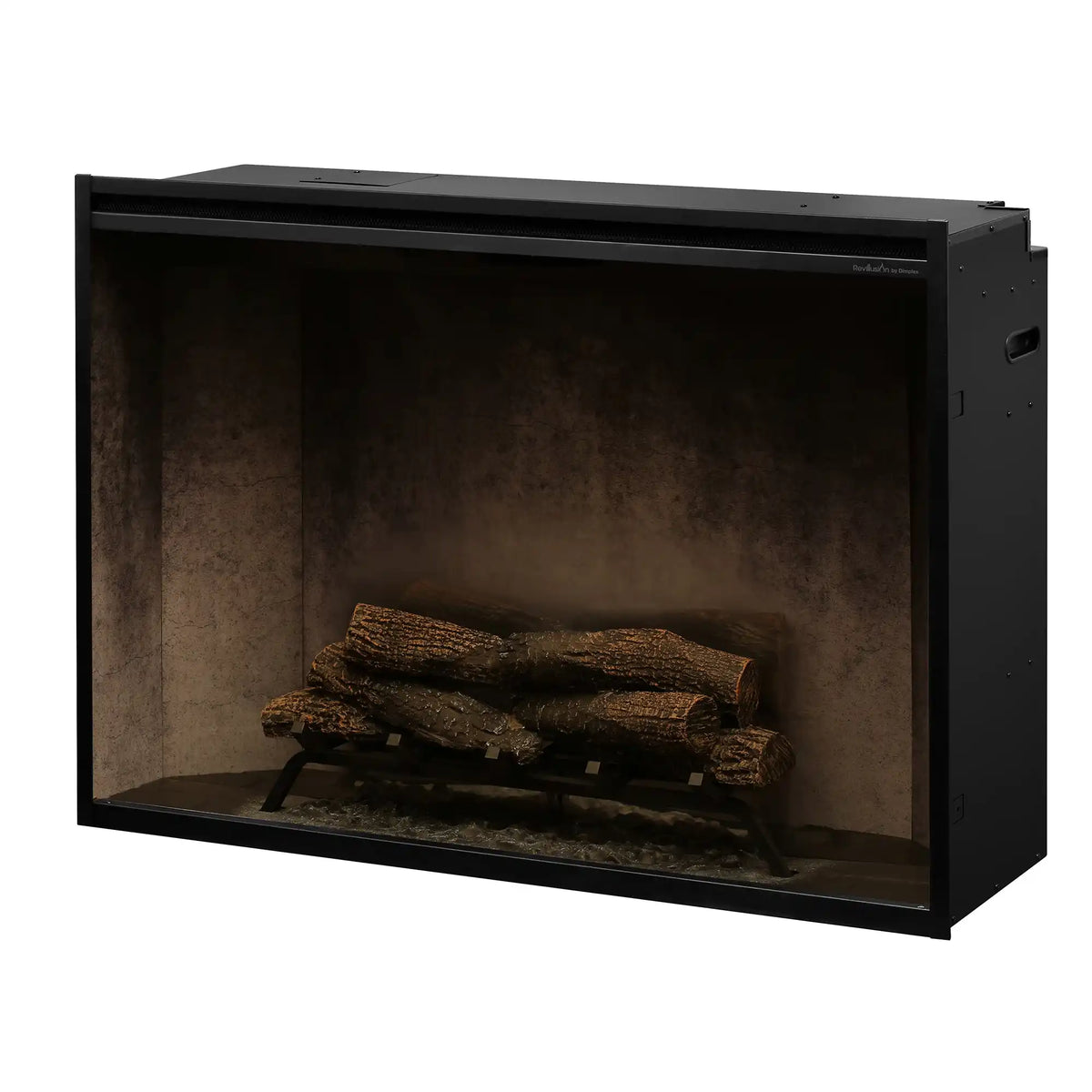 Black built-in electric firebox insert with log set and embers, flames off