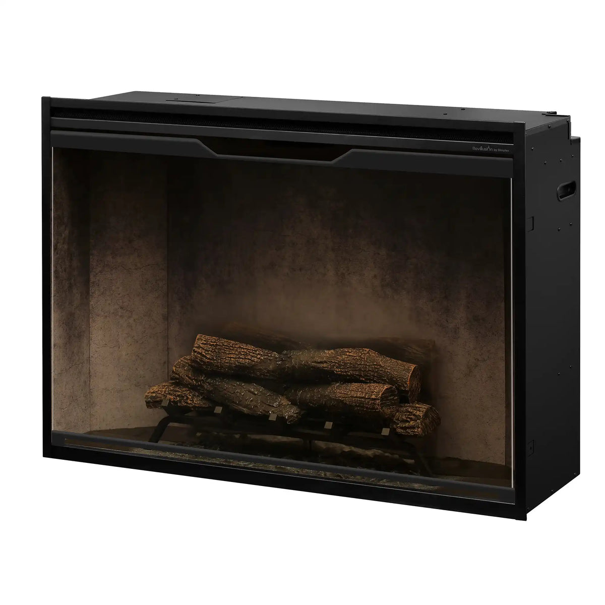 Black electric firebox insert with log set and textured concrete back panel