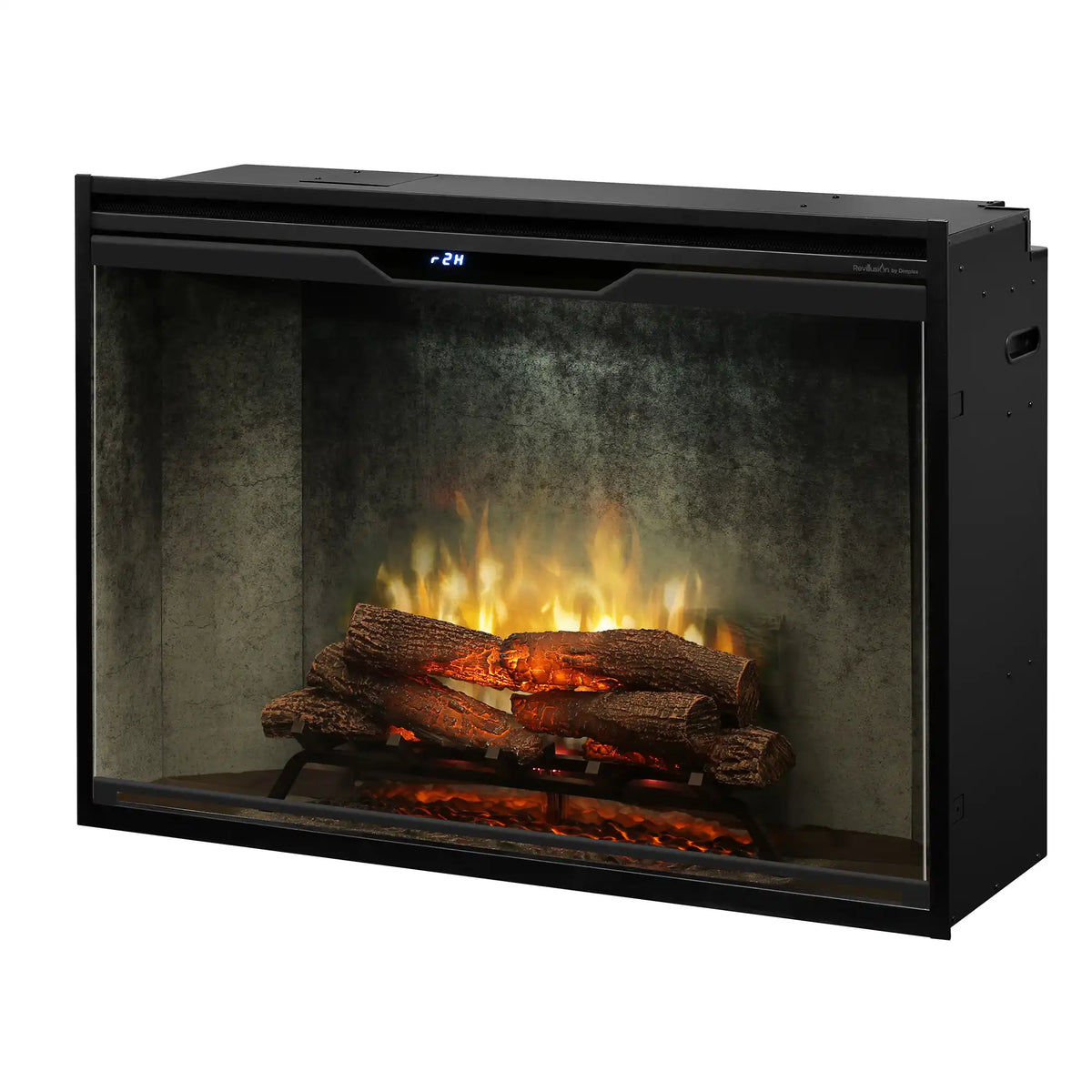 Built-in electric firebox insert showing intense orange LED flames and log set