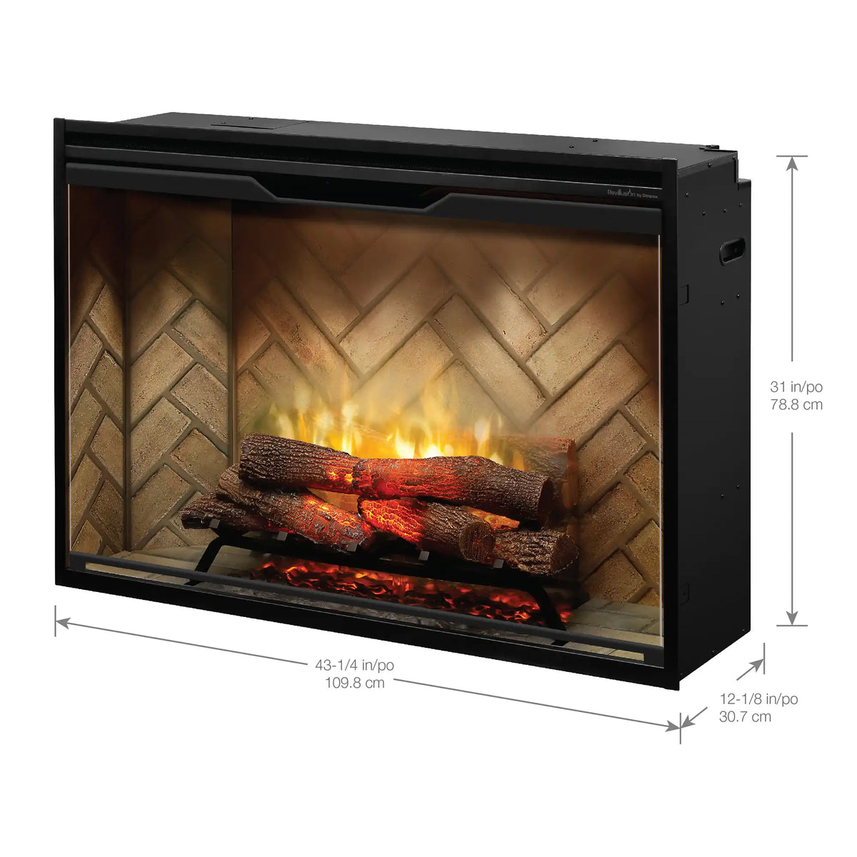 Built-in electric firebox in black housing with flame display and herringbone surround