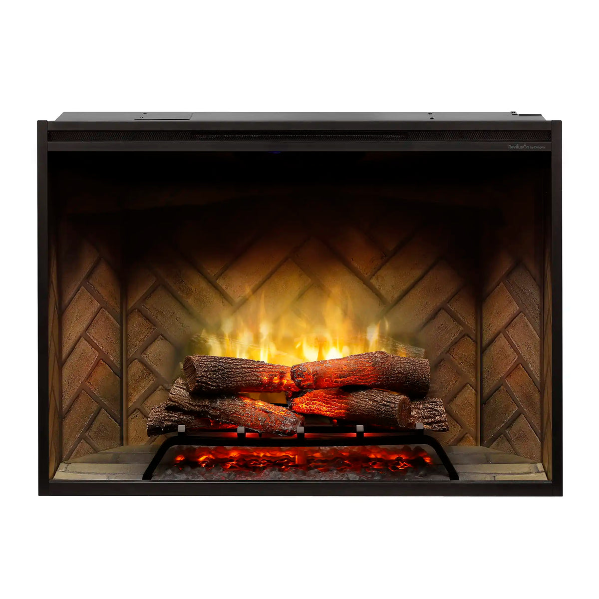Built-in electric firebox with lit flames, glowing coals, and herringbone firebrick back