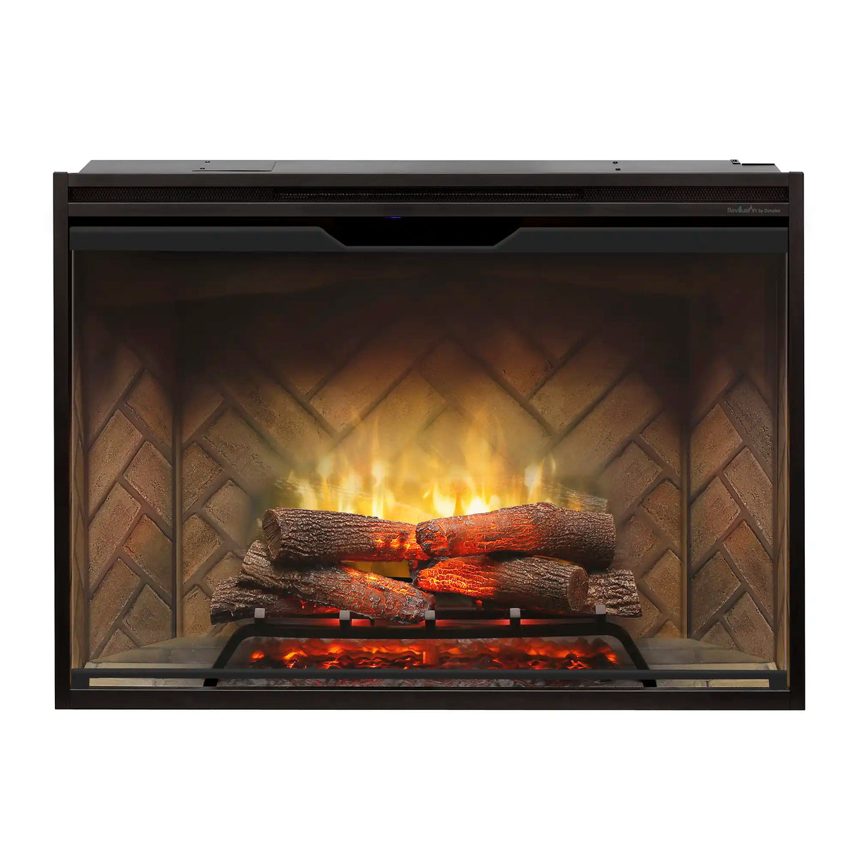Built-in electric firebox with steady flames, ember bed glow, and herringbone firebrick