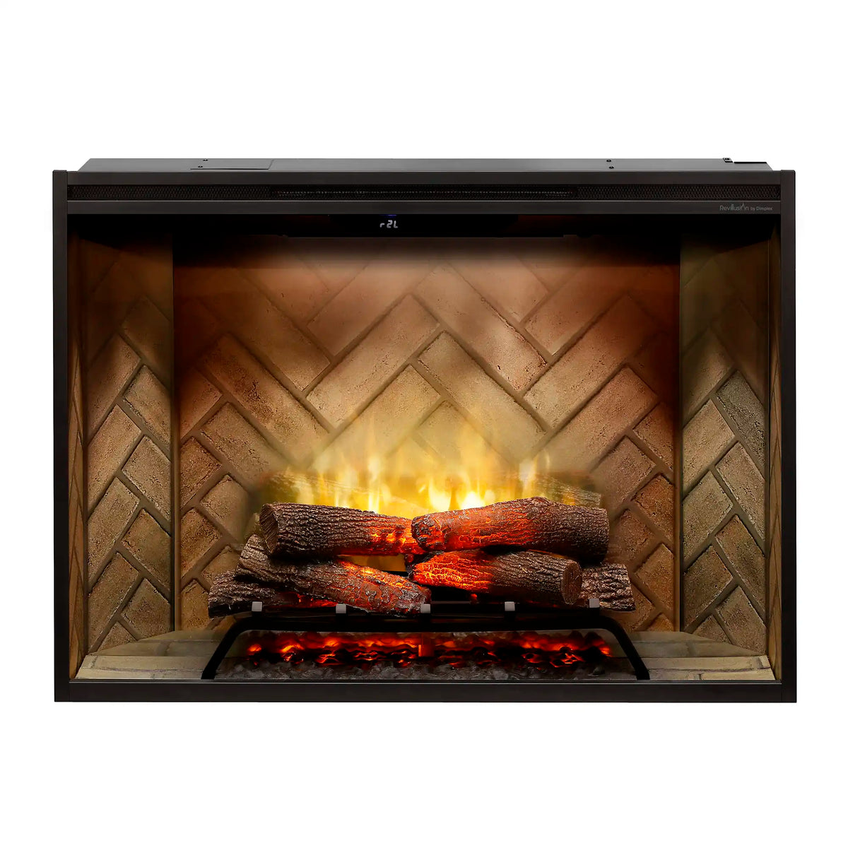 Built-in electric firebox with warm flames, log set, and herringbone firebrick surround