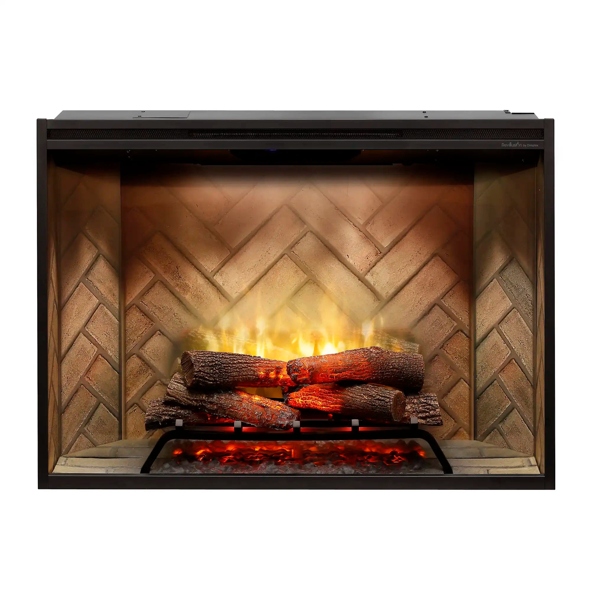 Dimplex built-in electric firebox with herringbone back panel, glowing flames and logs