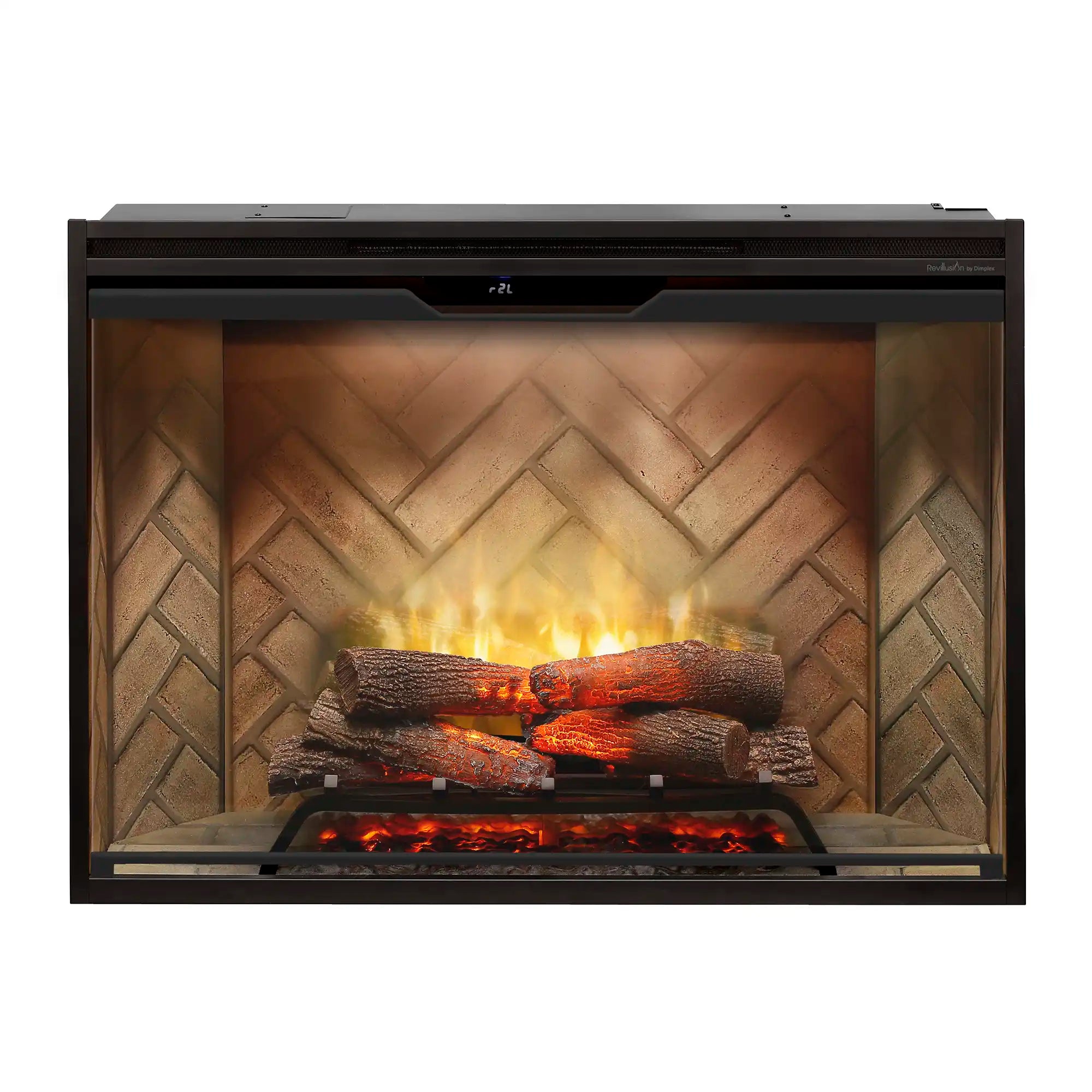 Front view of Dimplex built-in electric firebox with herringbone back and burning logs