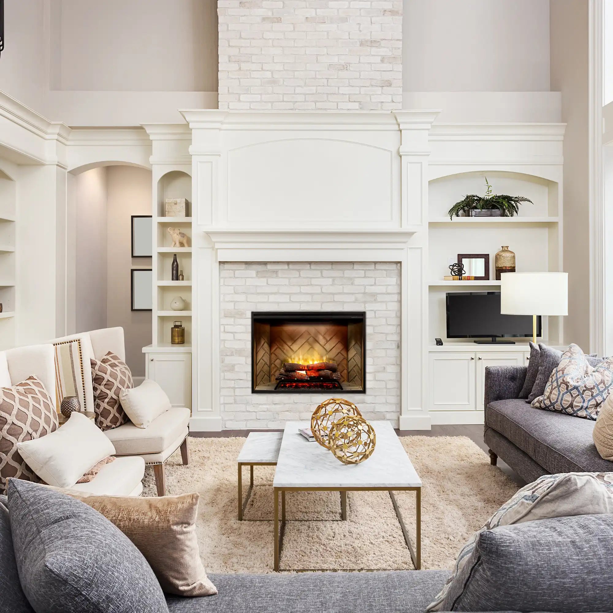Dimplex built-in electric firebox in stone mantel with herringbone back and flame glow