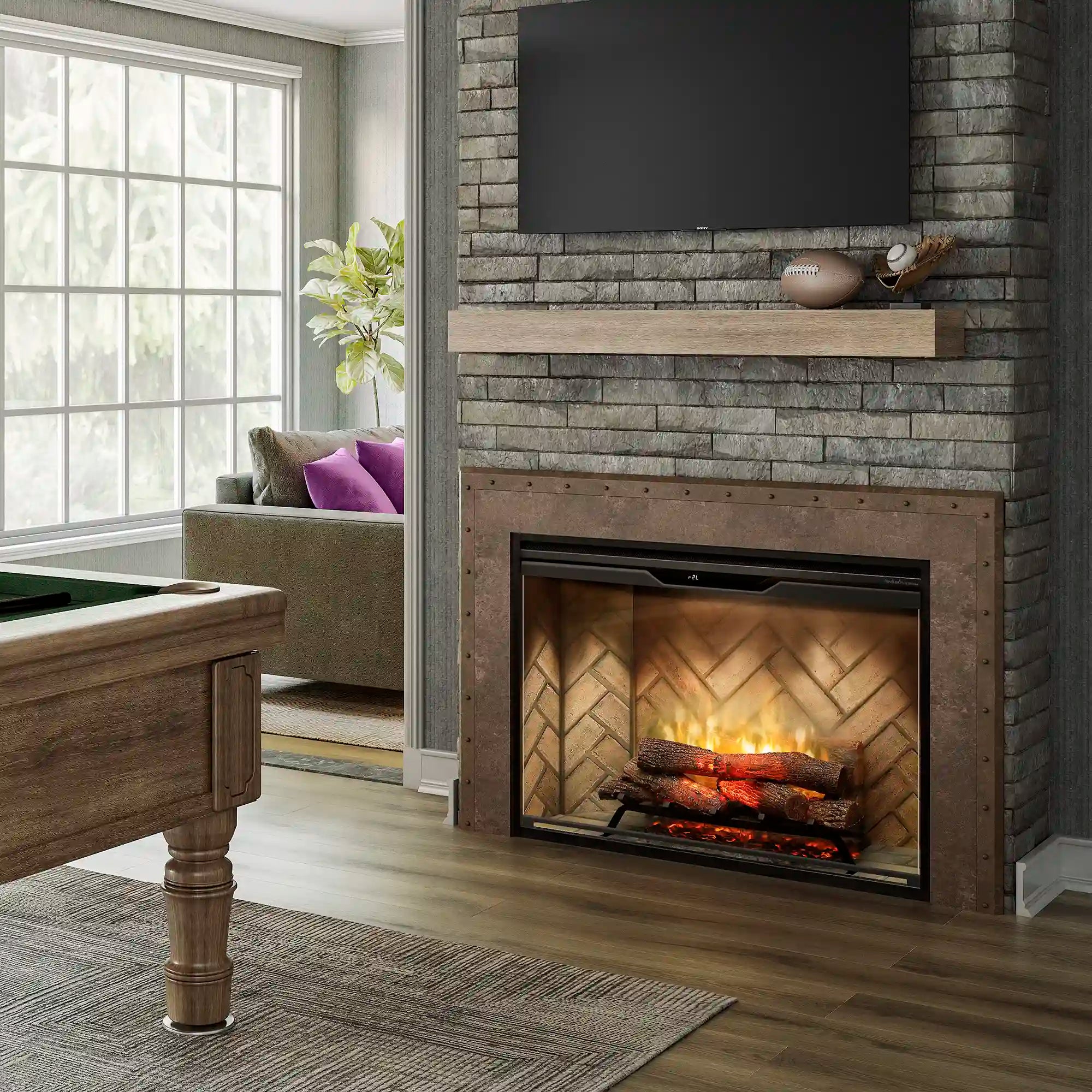 Dimplex built-in electric firebox with herringbone back, burning logs in stone surround