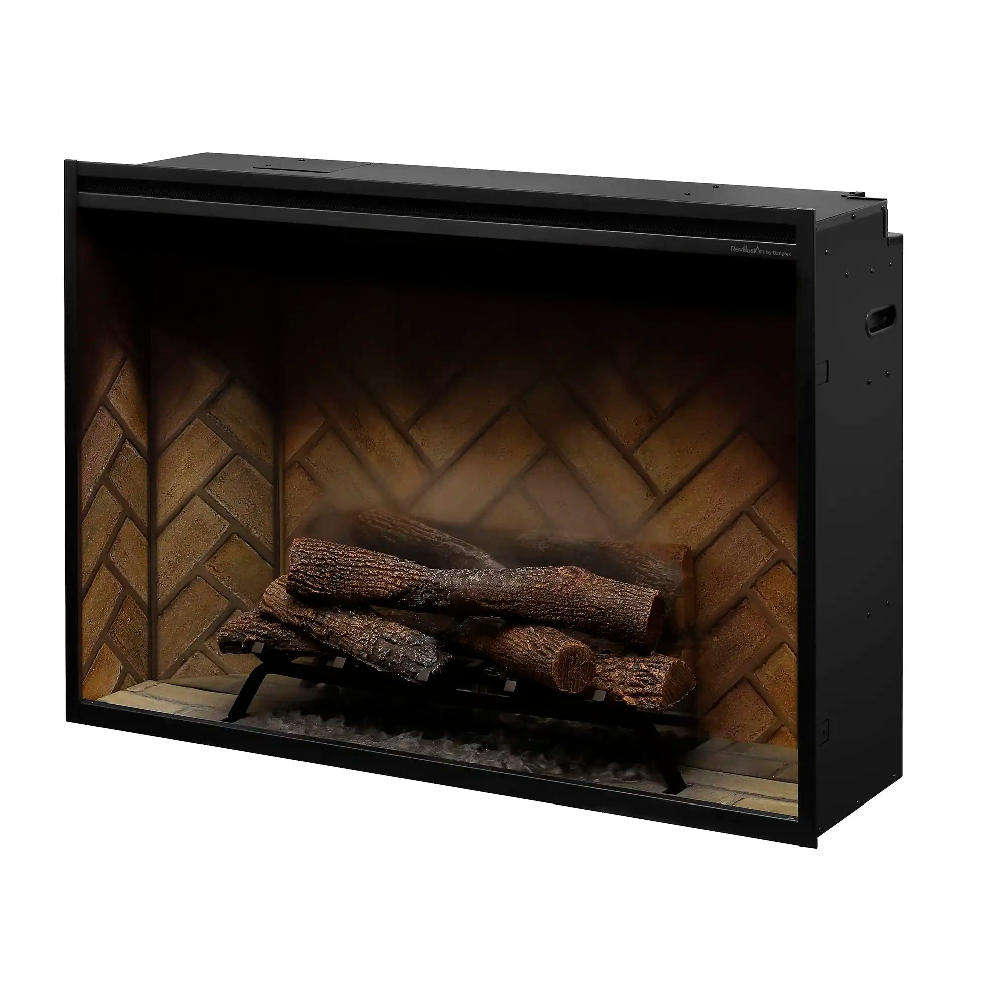 Dimplex built-in electric firebox with herringbone back, dark logs without flames