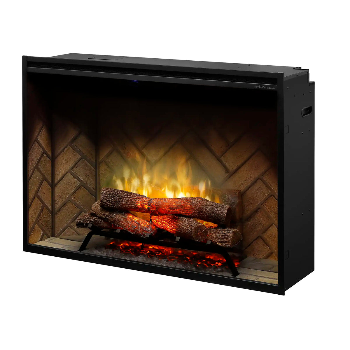Dimplex built-in electric firebox with herringbone back, orange flames and glowing embers