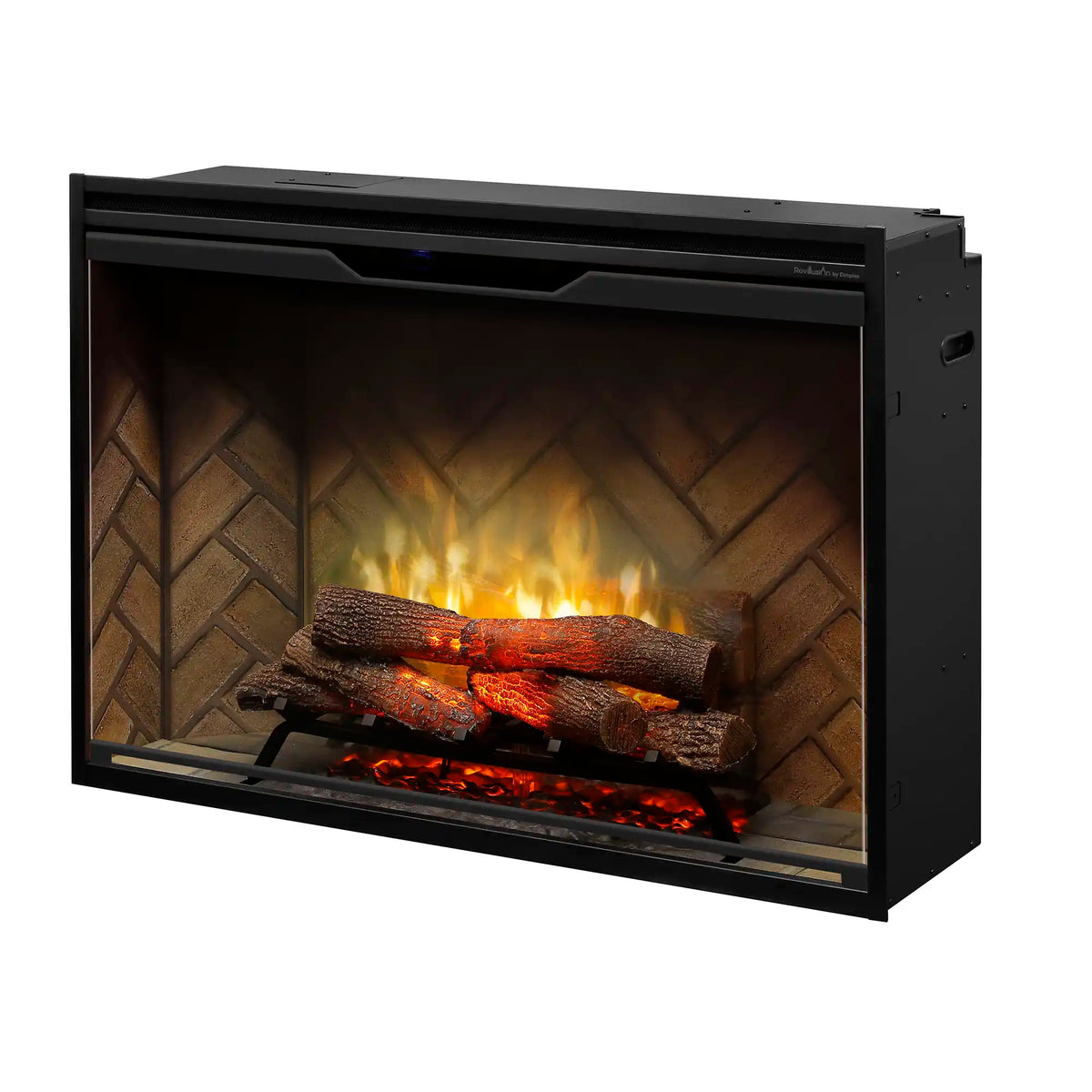Dimplex built-in electric firebox with herringbone back, flames and blue light on top