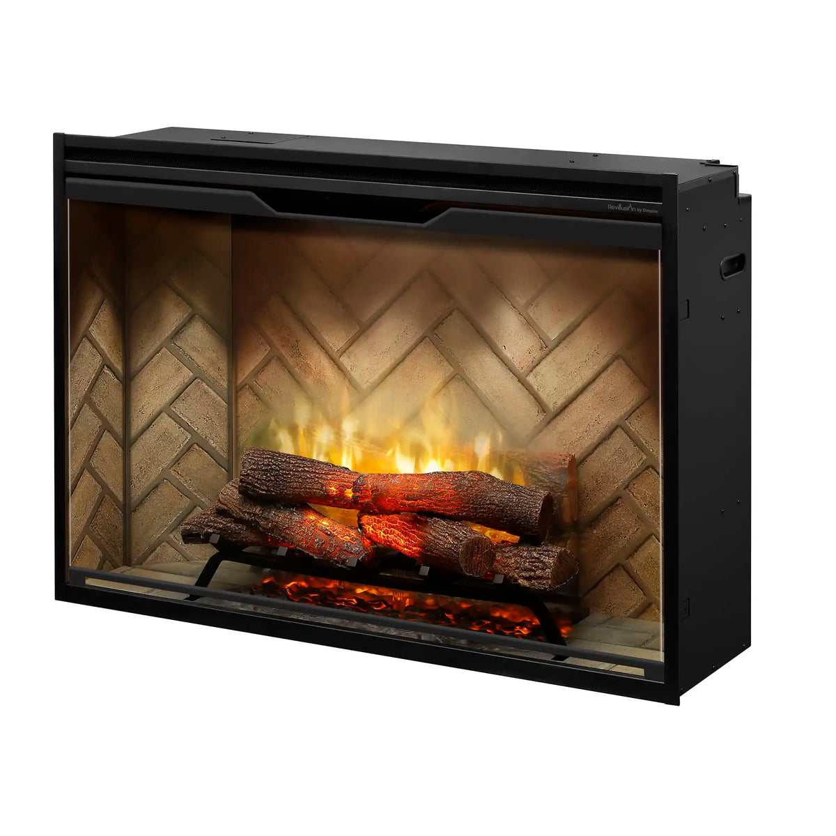 Built-in electric firebox with black frame, glowing flames behind herringbone firebrick