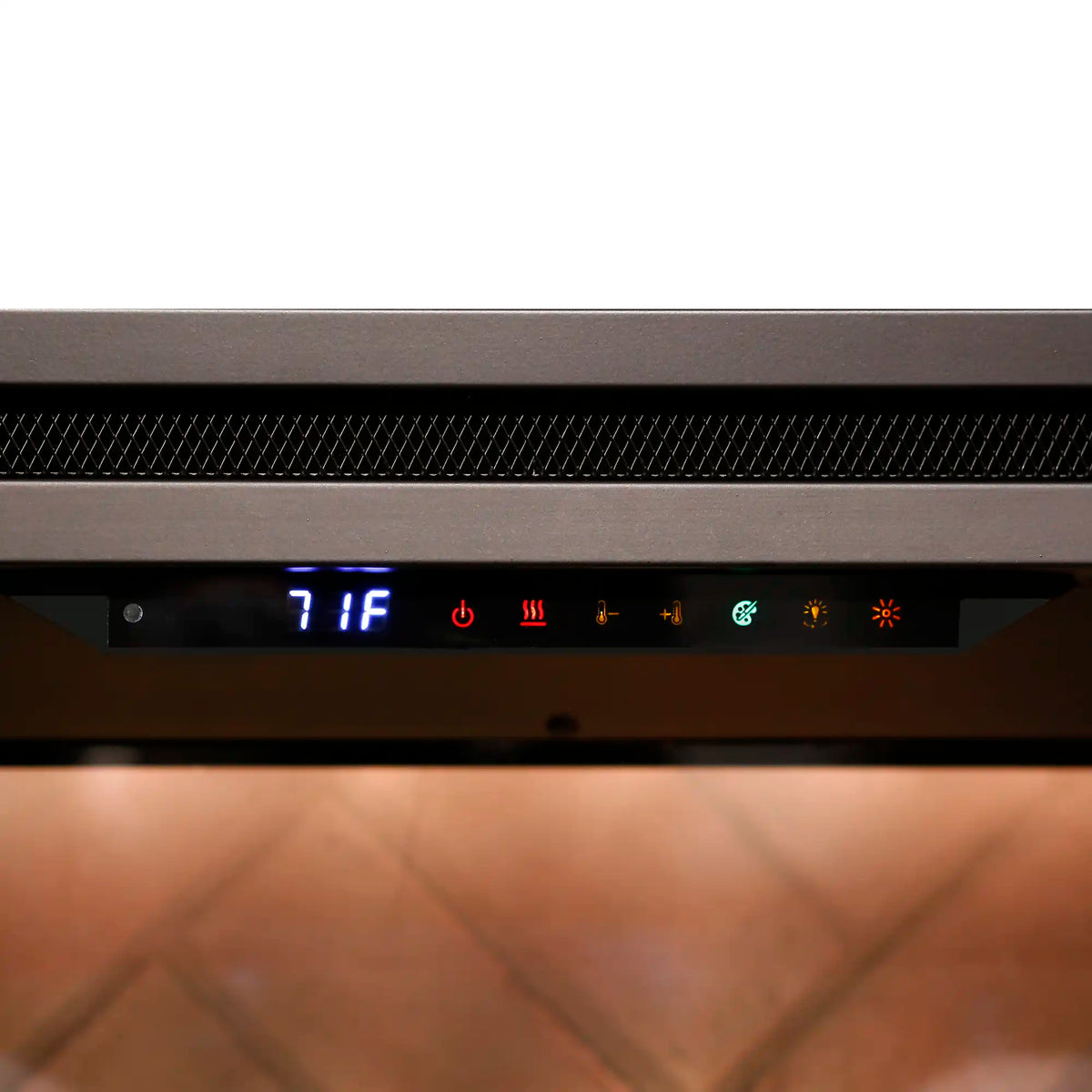 Electric firebox control panel with digital 7°F display and flame icons