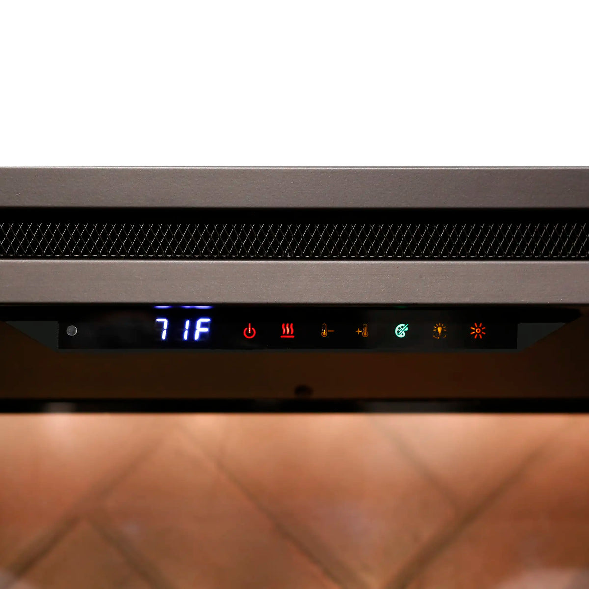 Built-in electric firebox control panel with blue temperature display and icon buttons