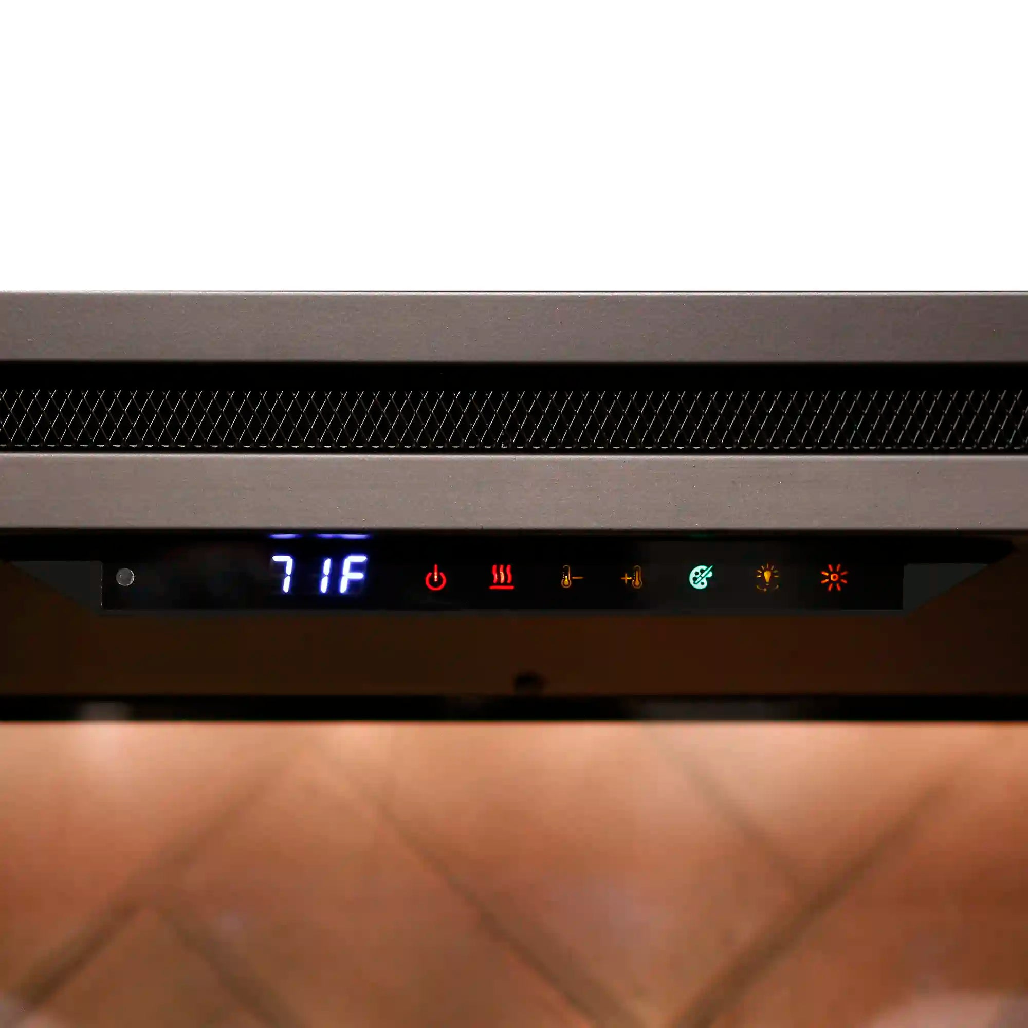 Built-in electric firebox control panel with LED icons for power and flame settings