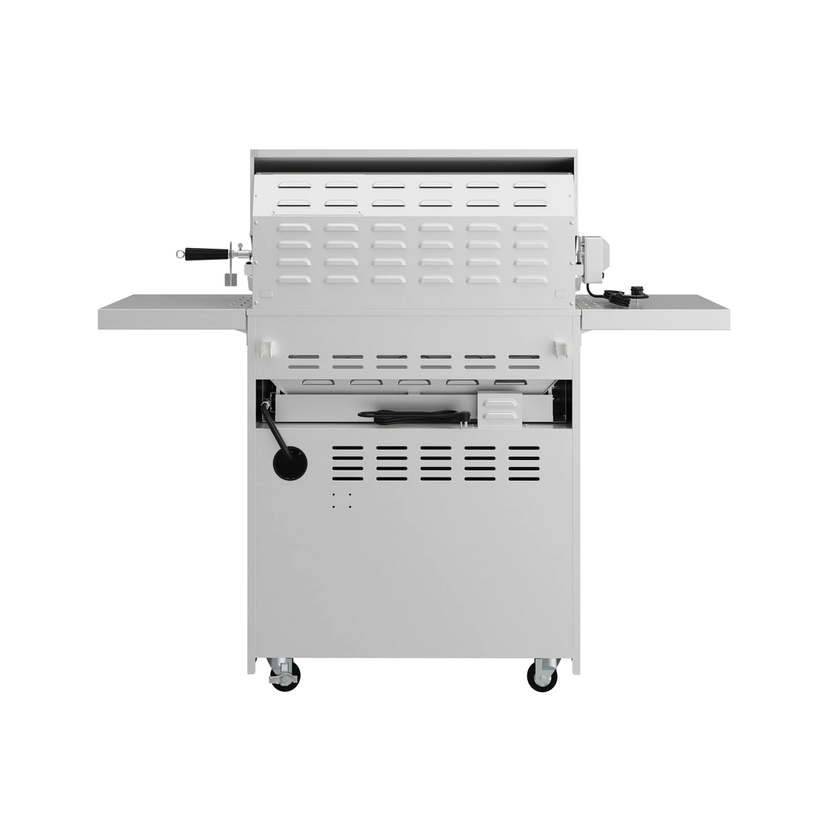 Stainless steel freestanding gas grill with open lid and warming rack